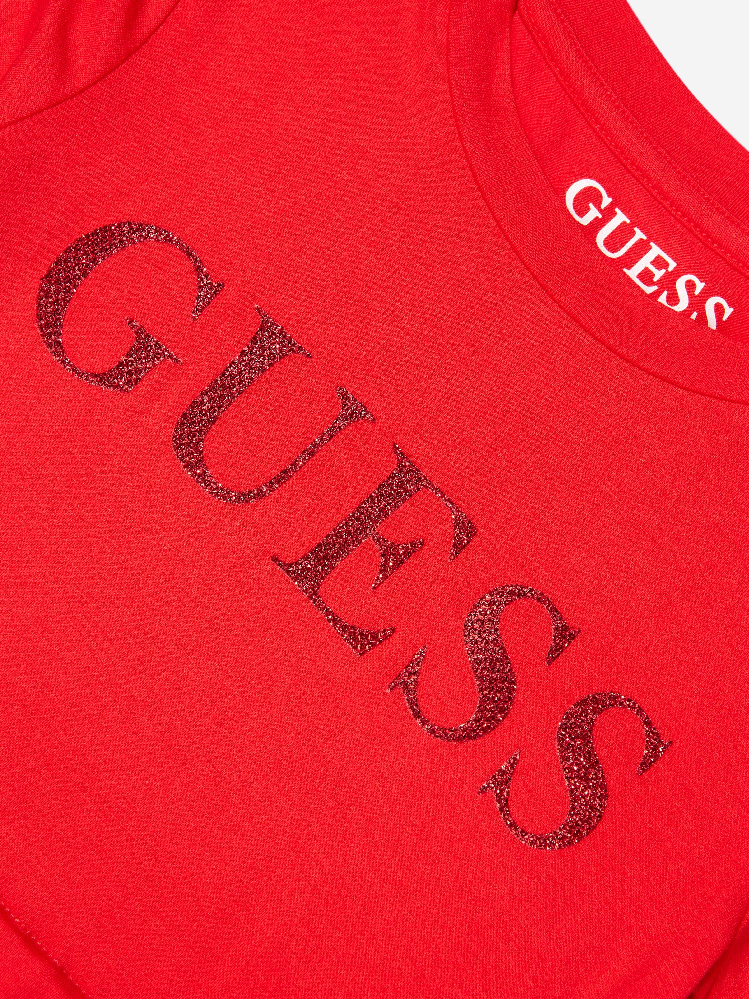 Guess Girls Short Sleeve Logo Dress in Red