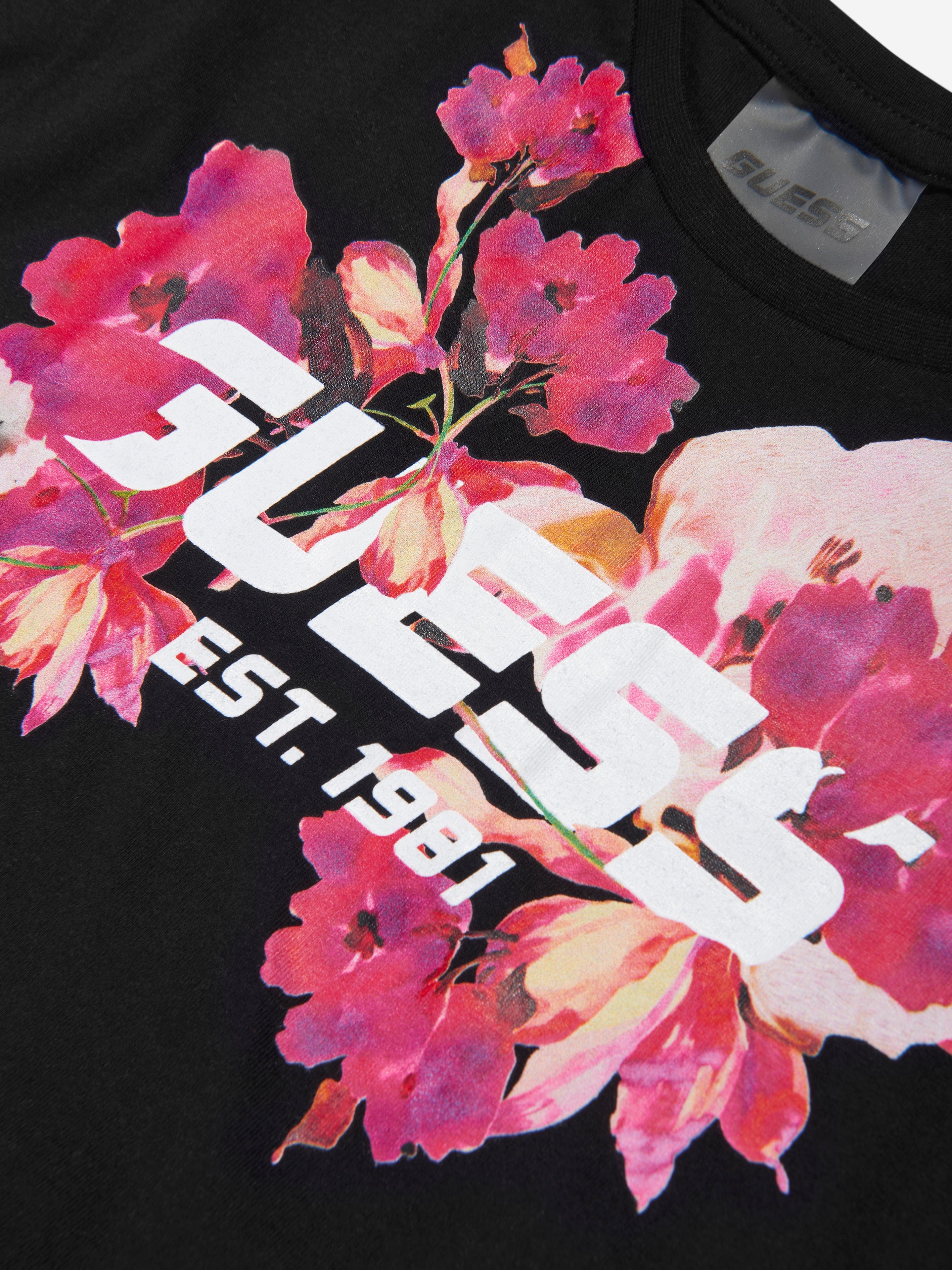 Guess Girls Floral Cropped T-Shirt in Black