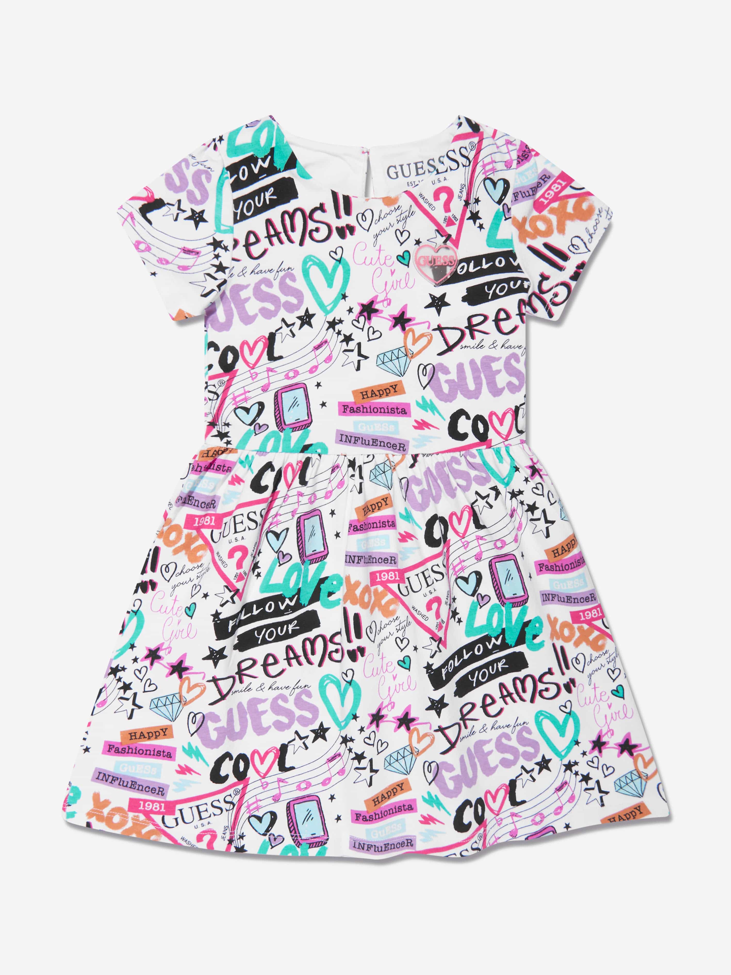 Guess Girls Graffiti Print Dress in White