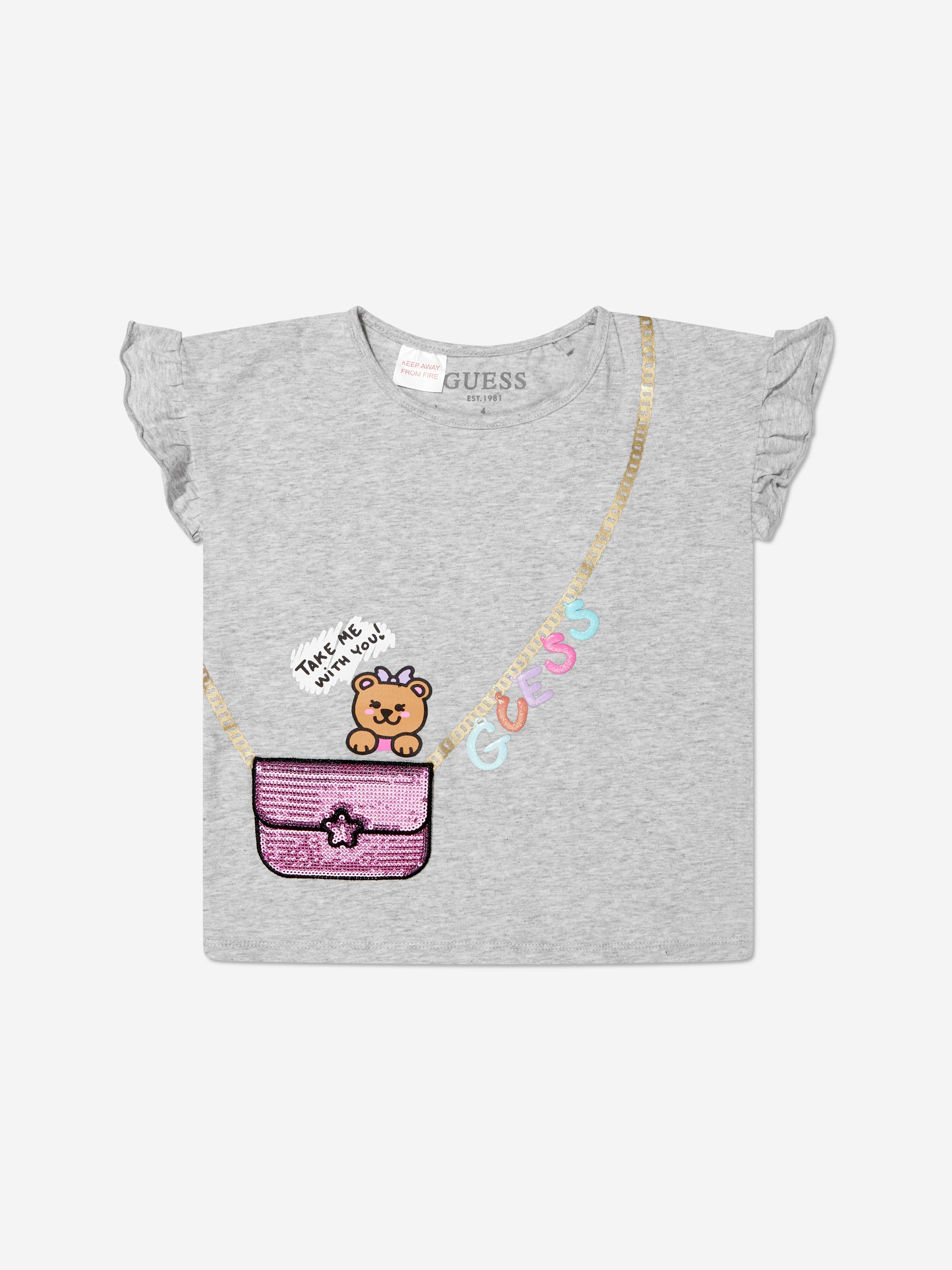 Guess Girls Bag Print Frilly T-Shirt in Grey