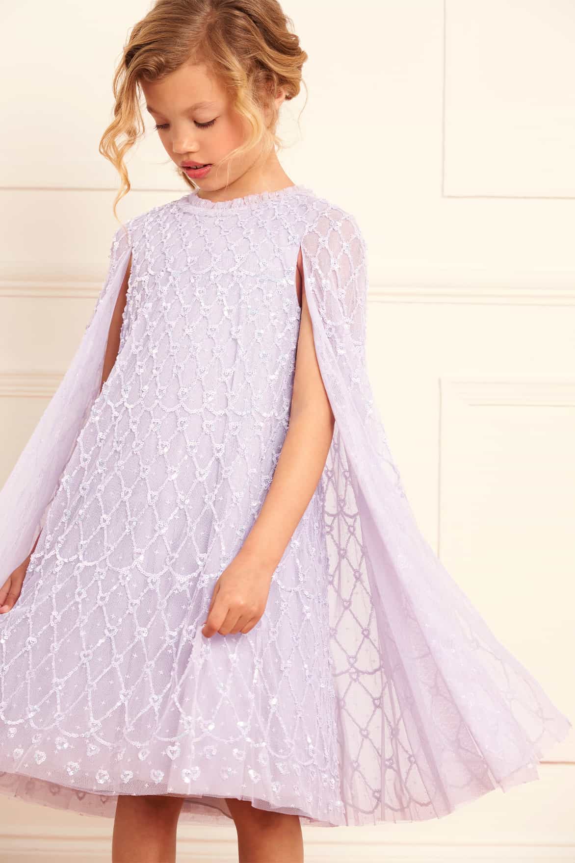 Needle & Thread Girls Heart Lattice Cape Dress in Purple