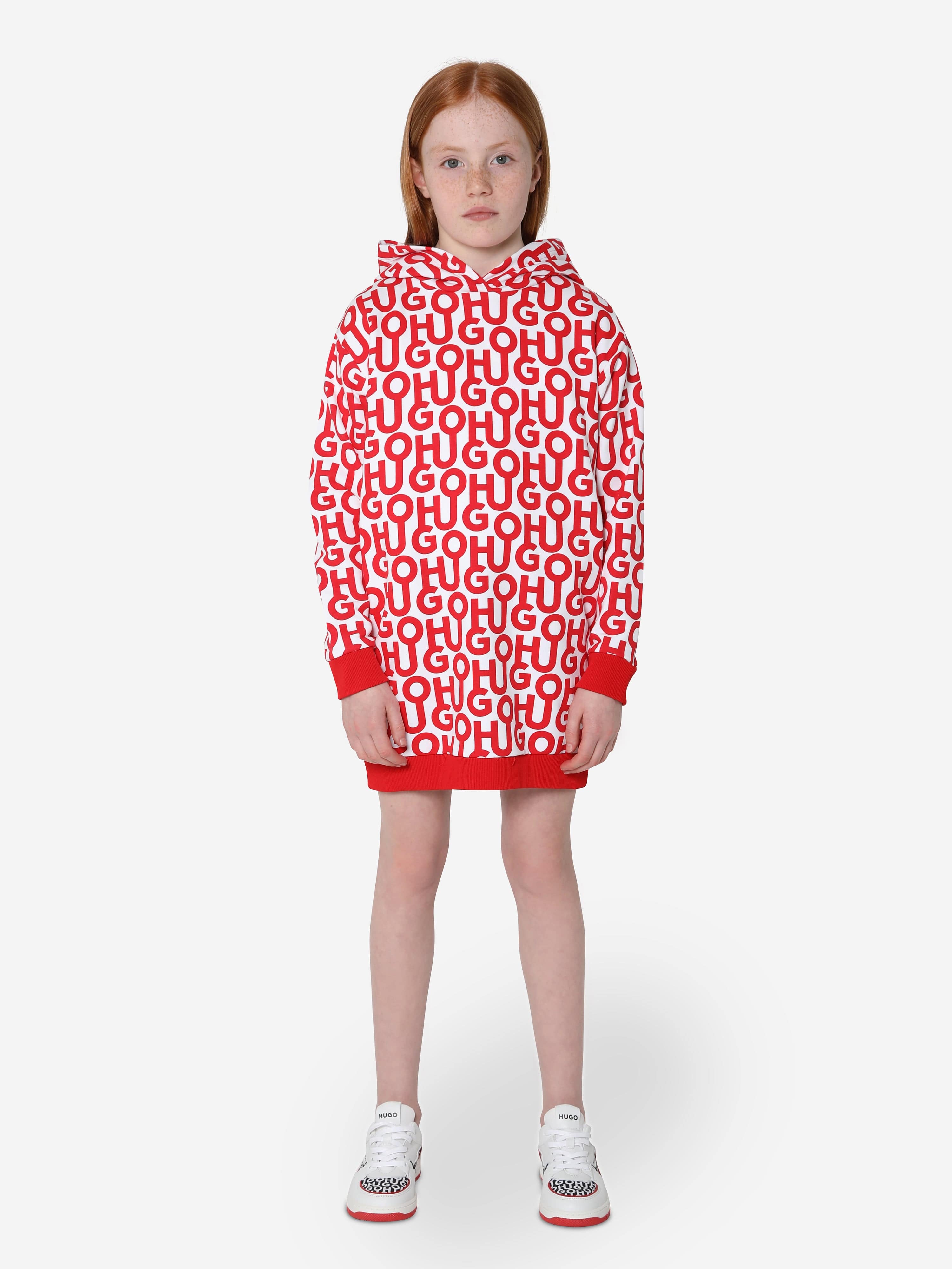 Hugo Girls Logo Print Hooded Dress in Red