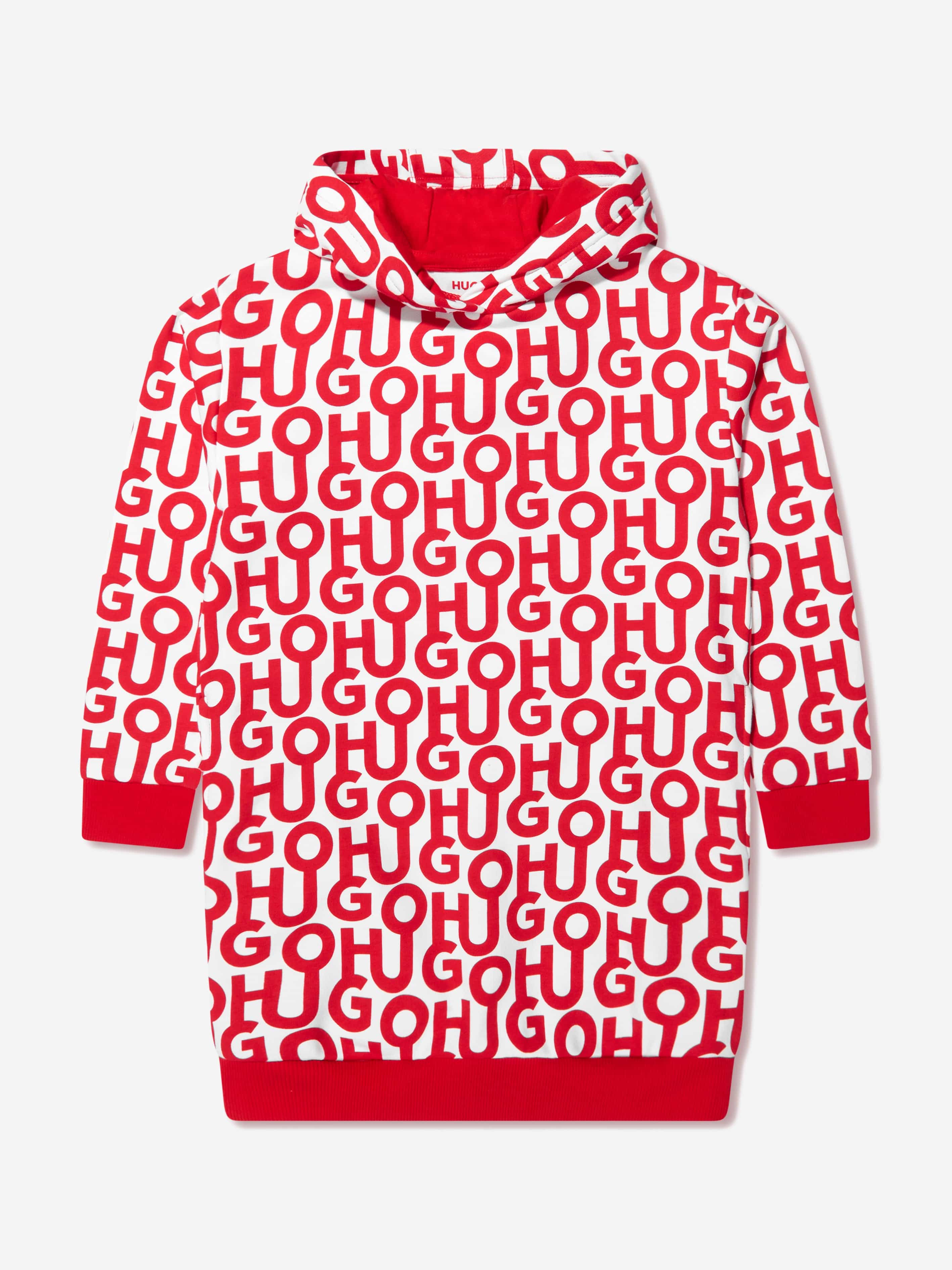 Hugo Girls Logo Print Hooded Dress in Red