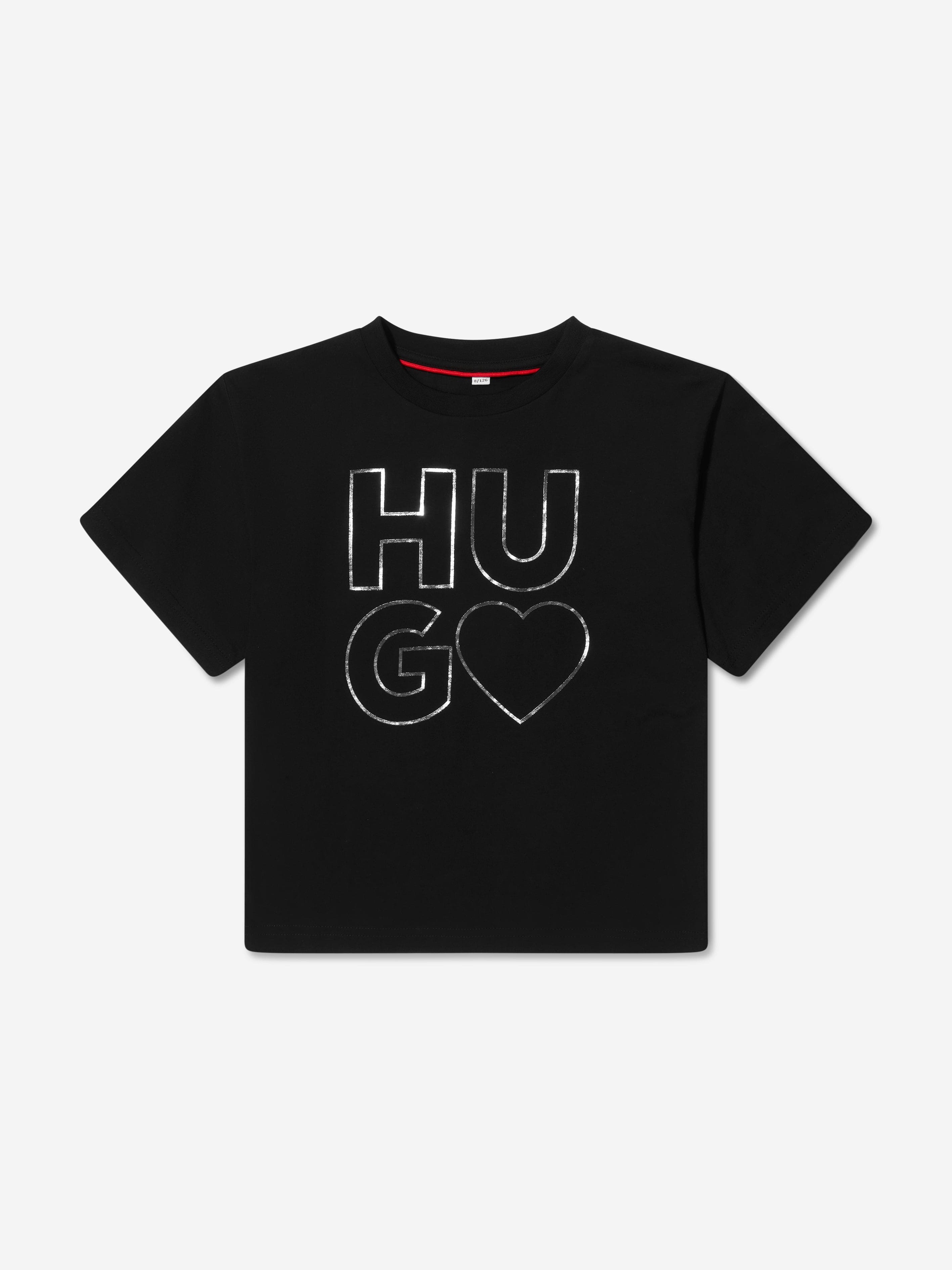 Hugo Girls Organic Cotton Logo Print T-Shirt in Black