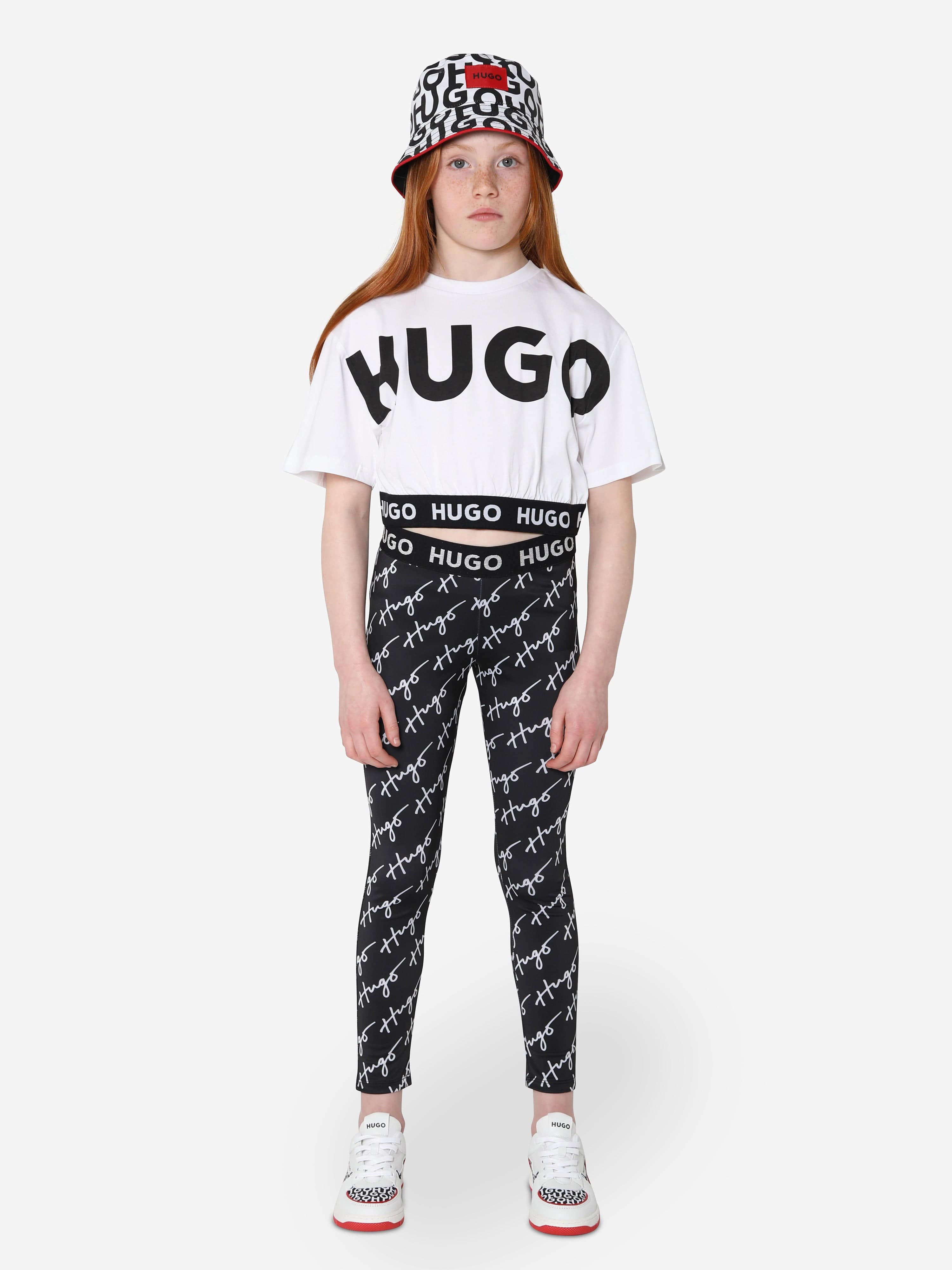 Hugo Girls Organic Cotton Cropped Logo Top in White