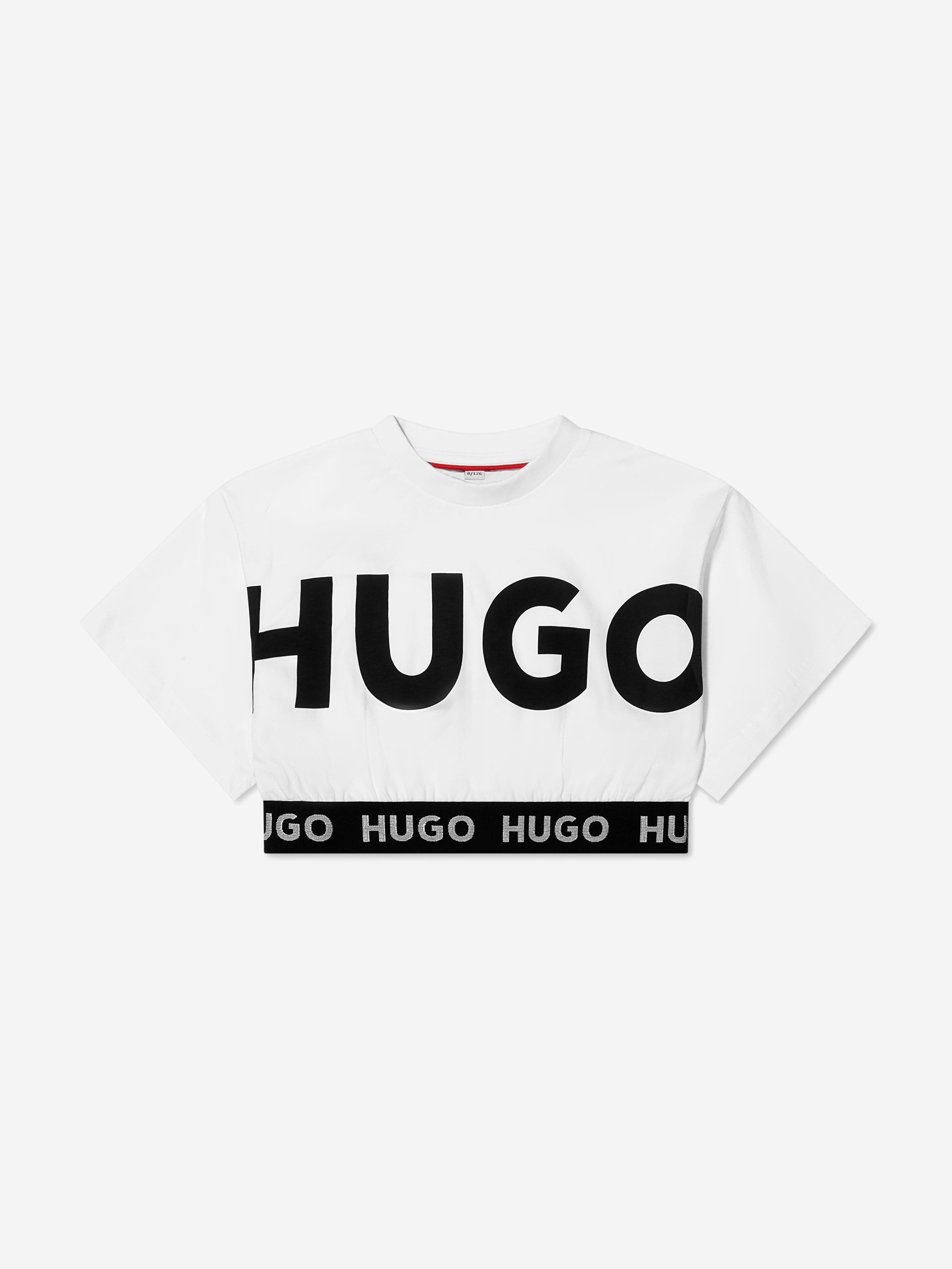 Hugo Girls Organic Cotton Cropped Logo Top in White