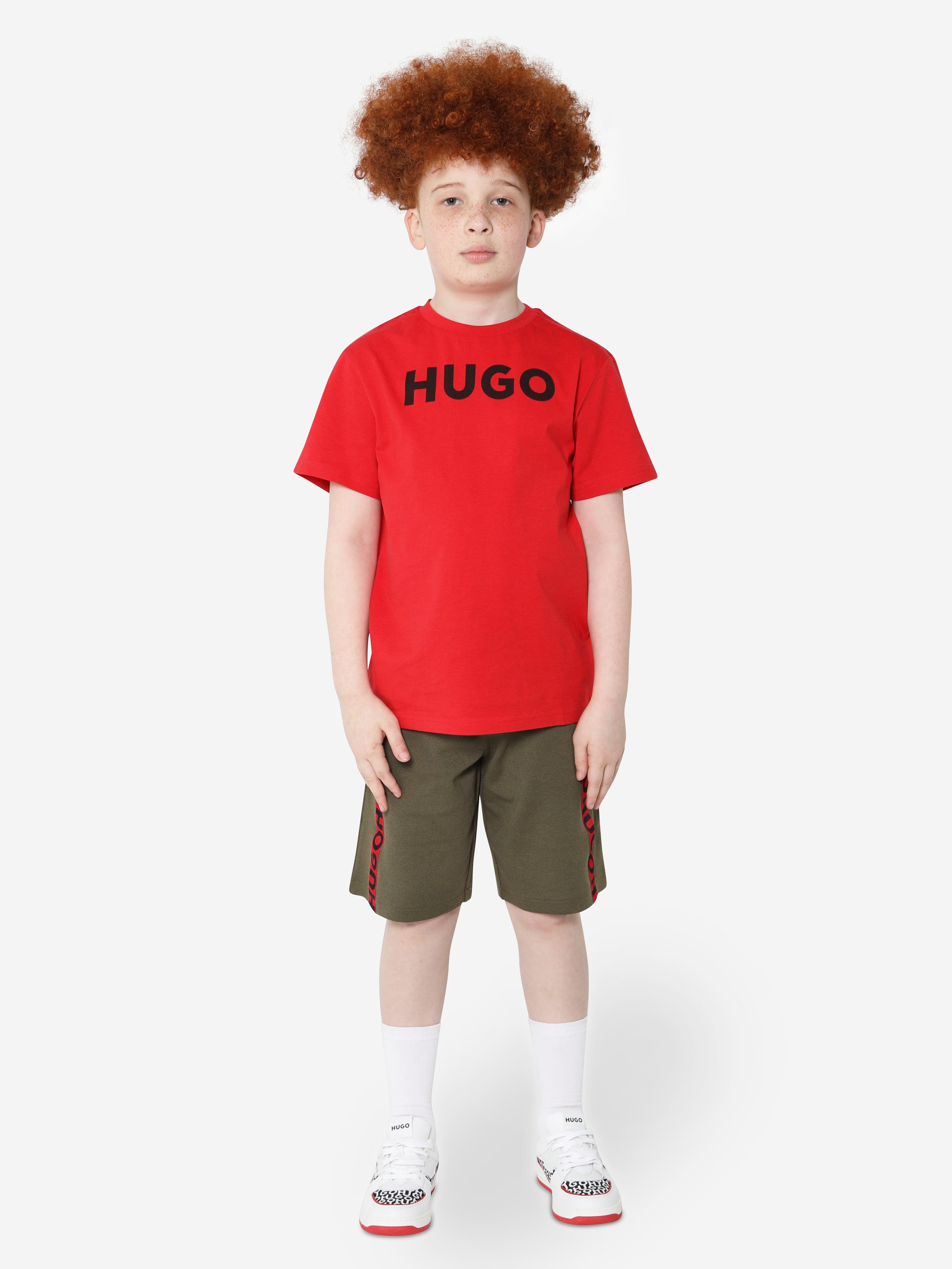 Hugo Boys Organic Cotton Logo Print T-Shirt in Red