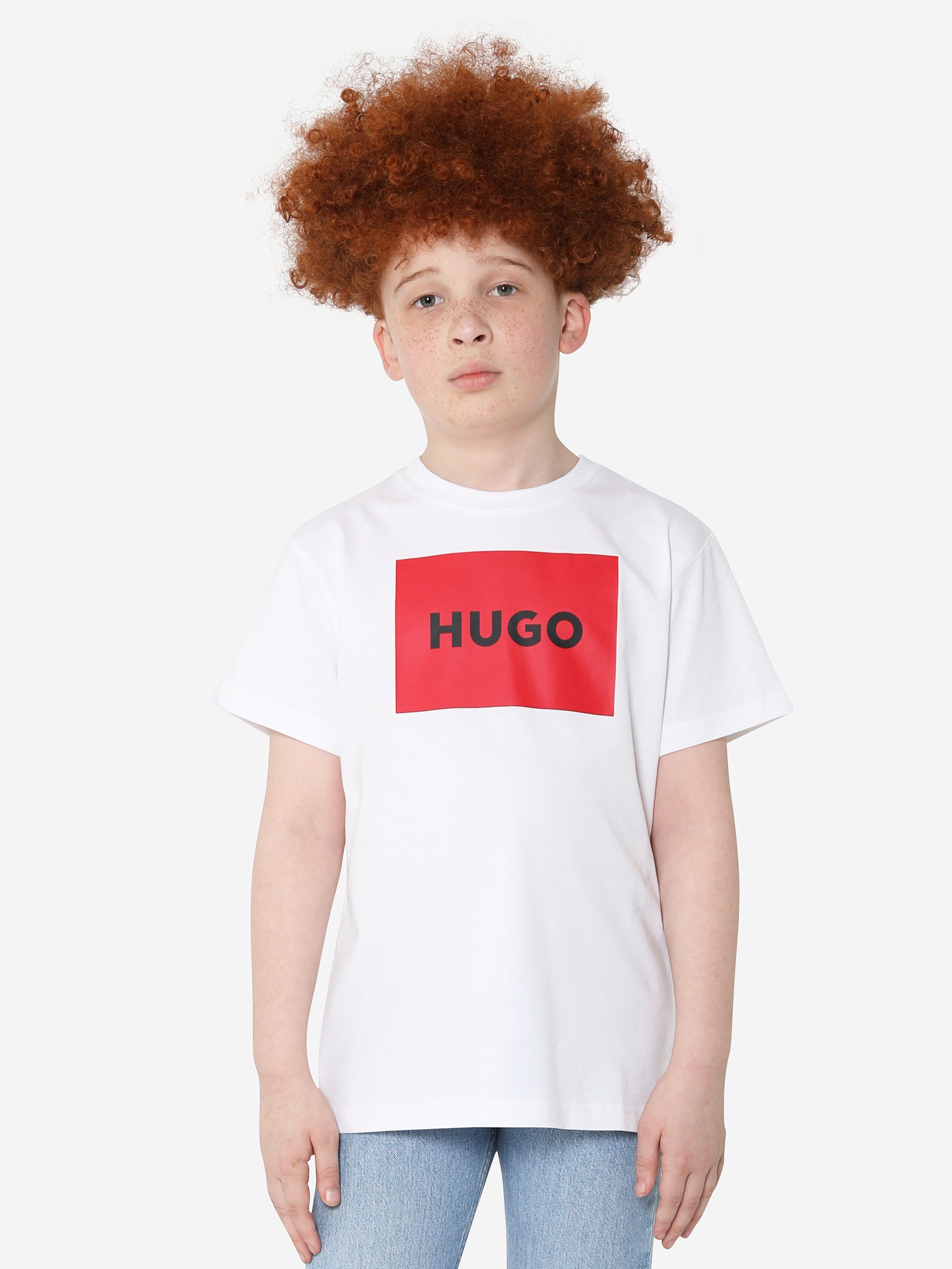 Hugo Boys Organic Cotton Logo Print T-Shirt in White