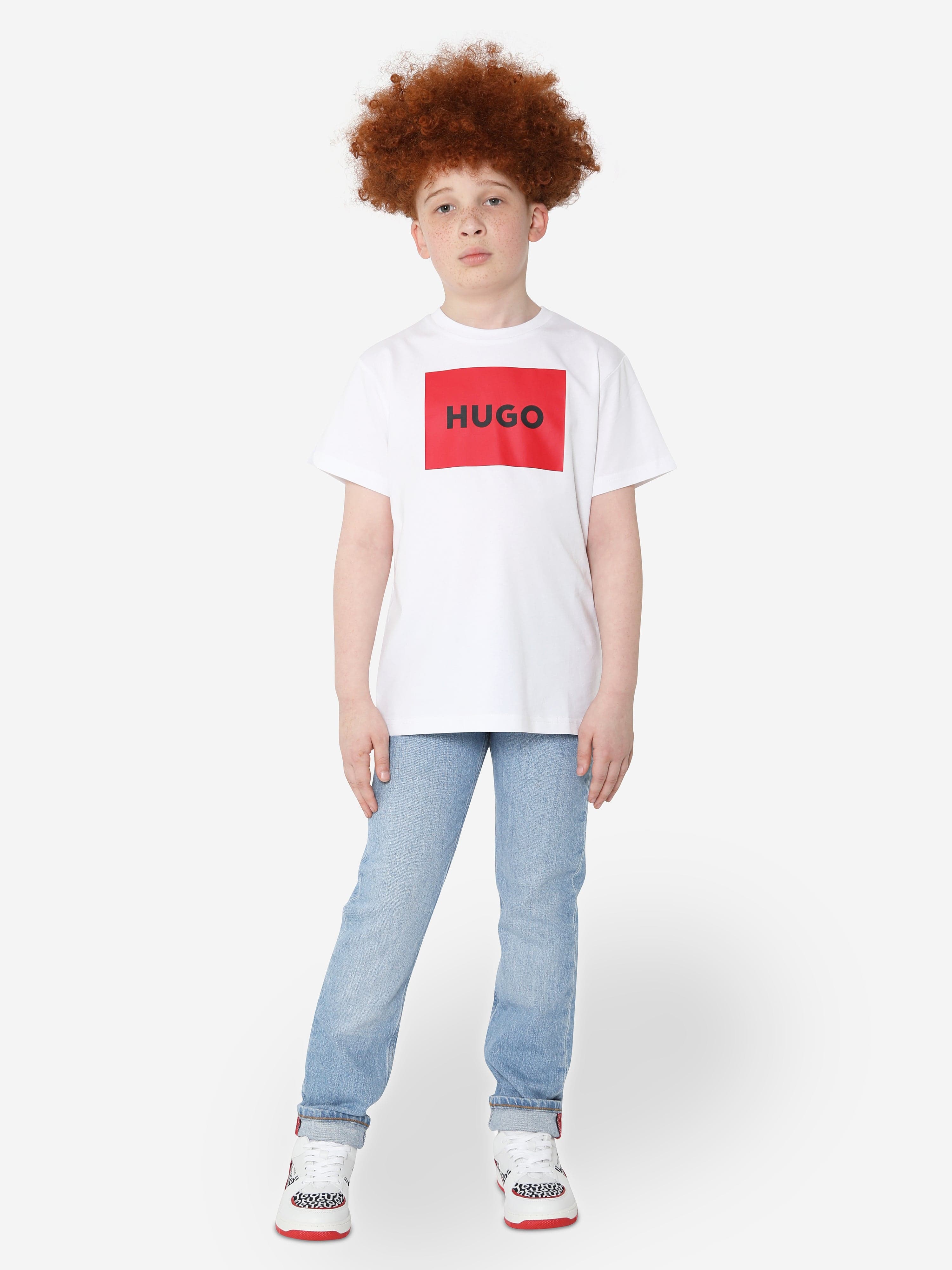 Hugo Boys Organic Cotton Logo Print T-Shirt in White