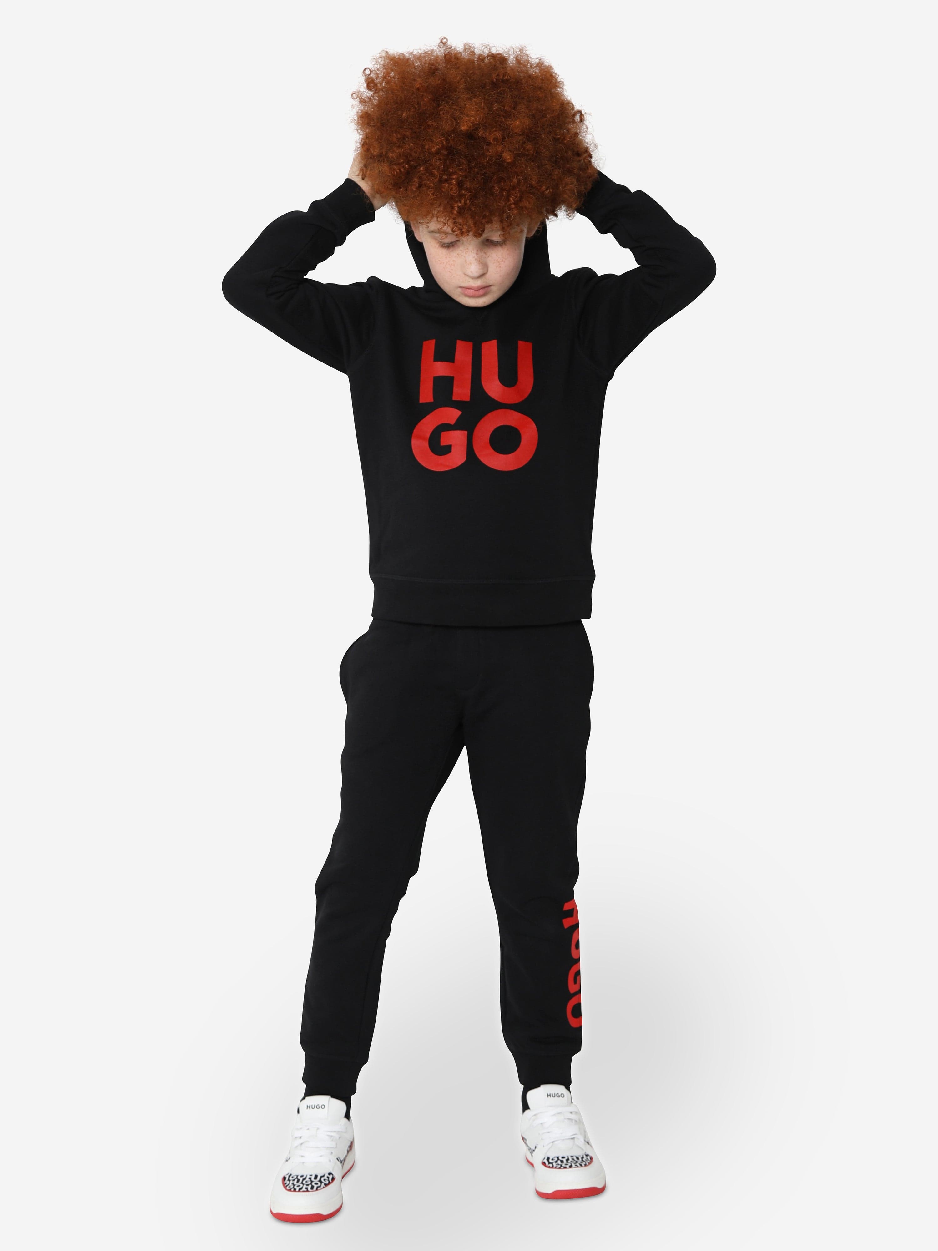 Hugo Boys Organic Cotton Logo Print Hoodie in Black