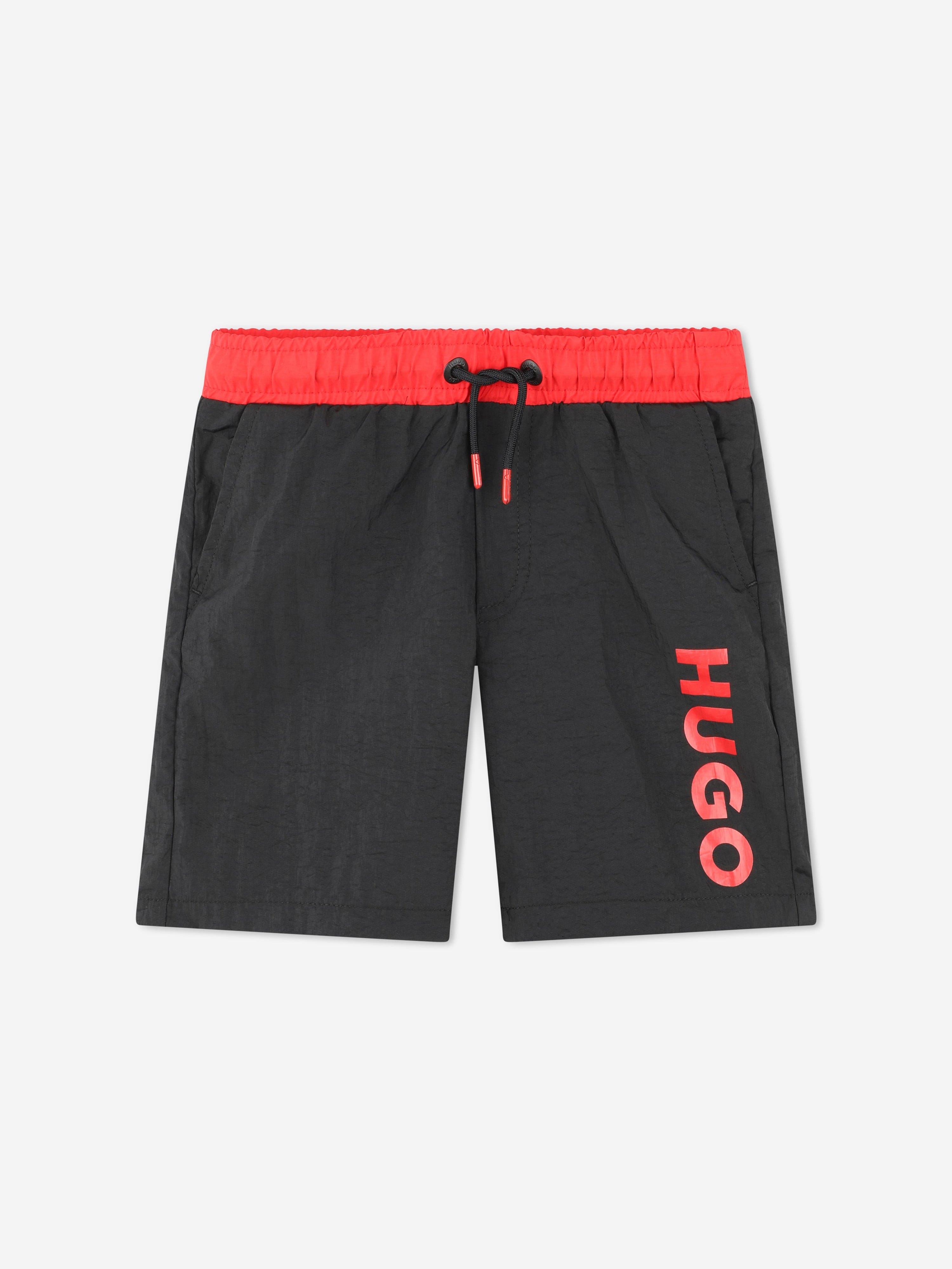 Hugo Boys Logo Print Swim Shorts in Black