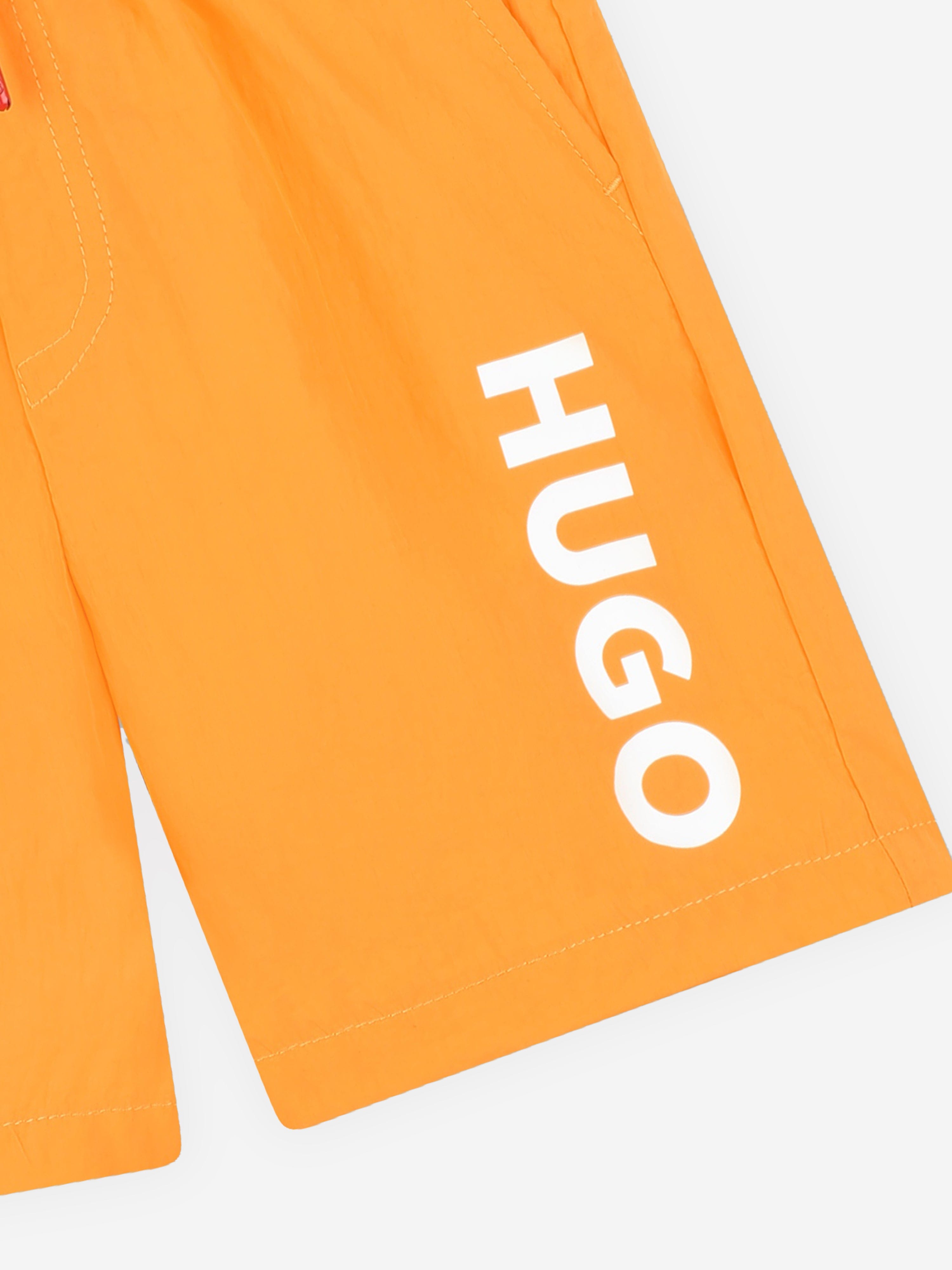 Hugo Boys Logo Print Swim Shorts in Orange