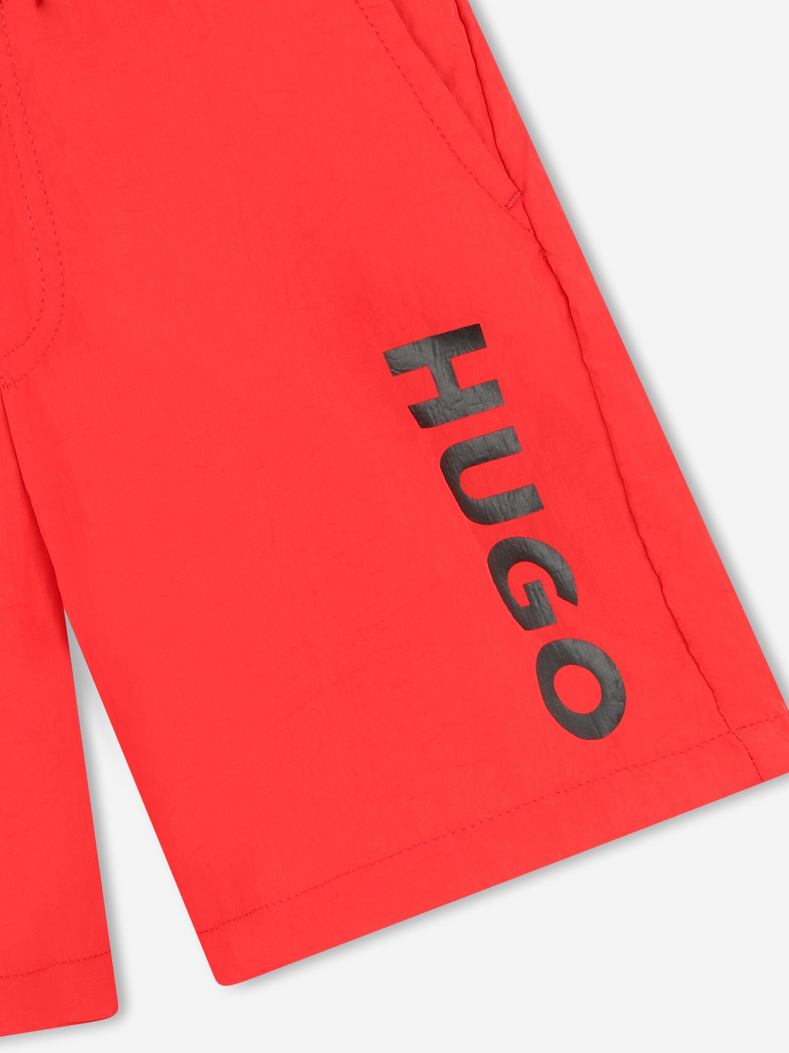 Hugo Boys Logo Print Swim Shorts in Red