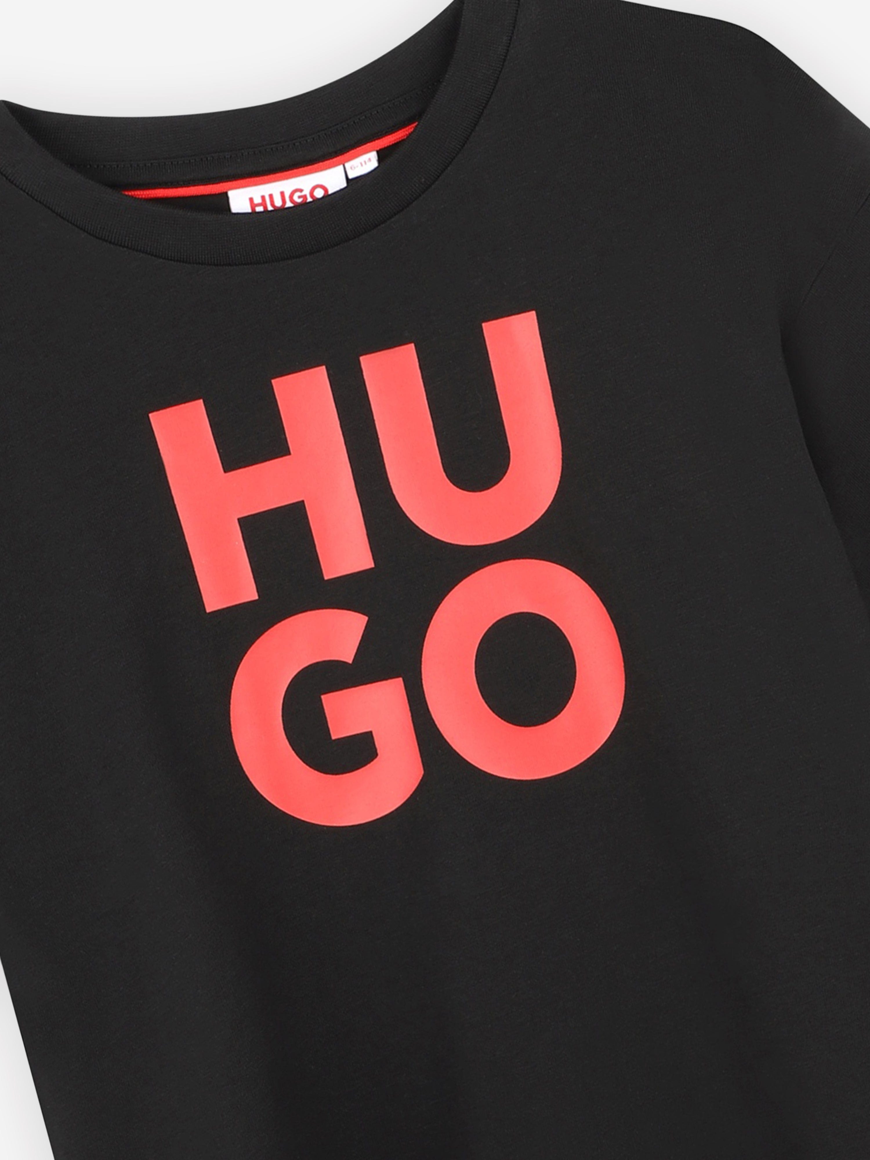 Hugo Boys Stacked Logo T-Shirt in Black