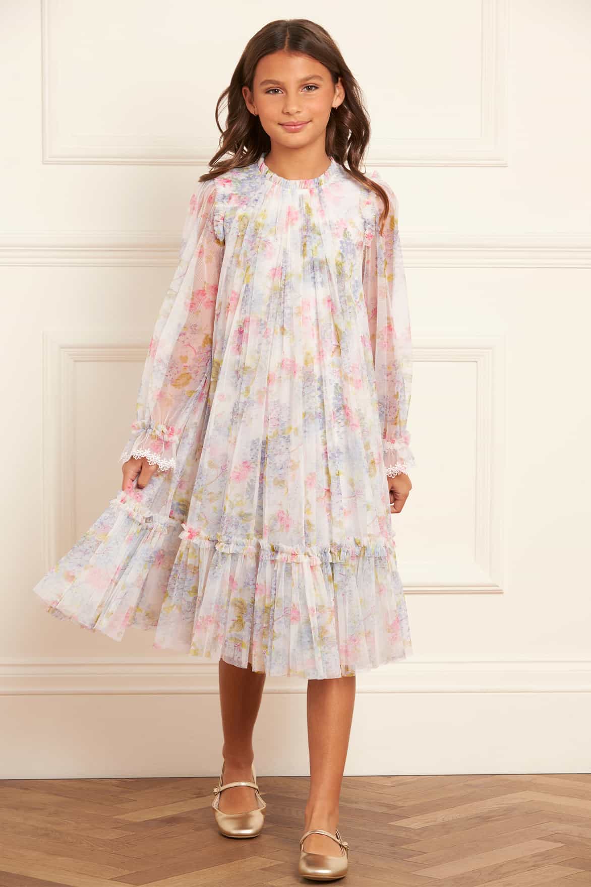 Needle & Thread Girls Hydrangea Long Sleeve Dress in Multicolour