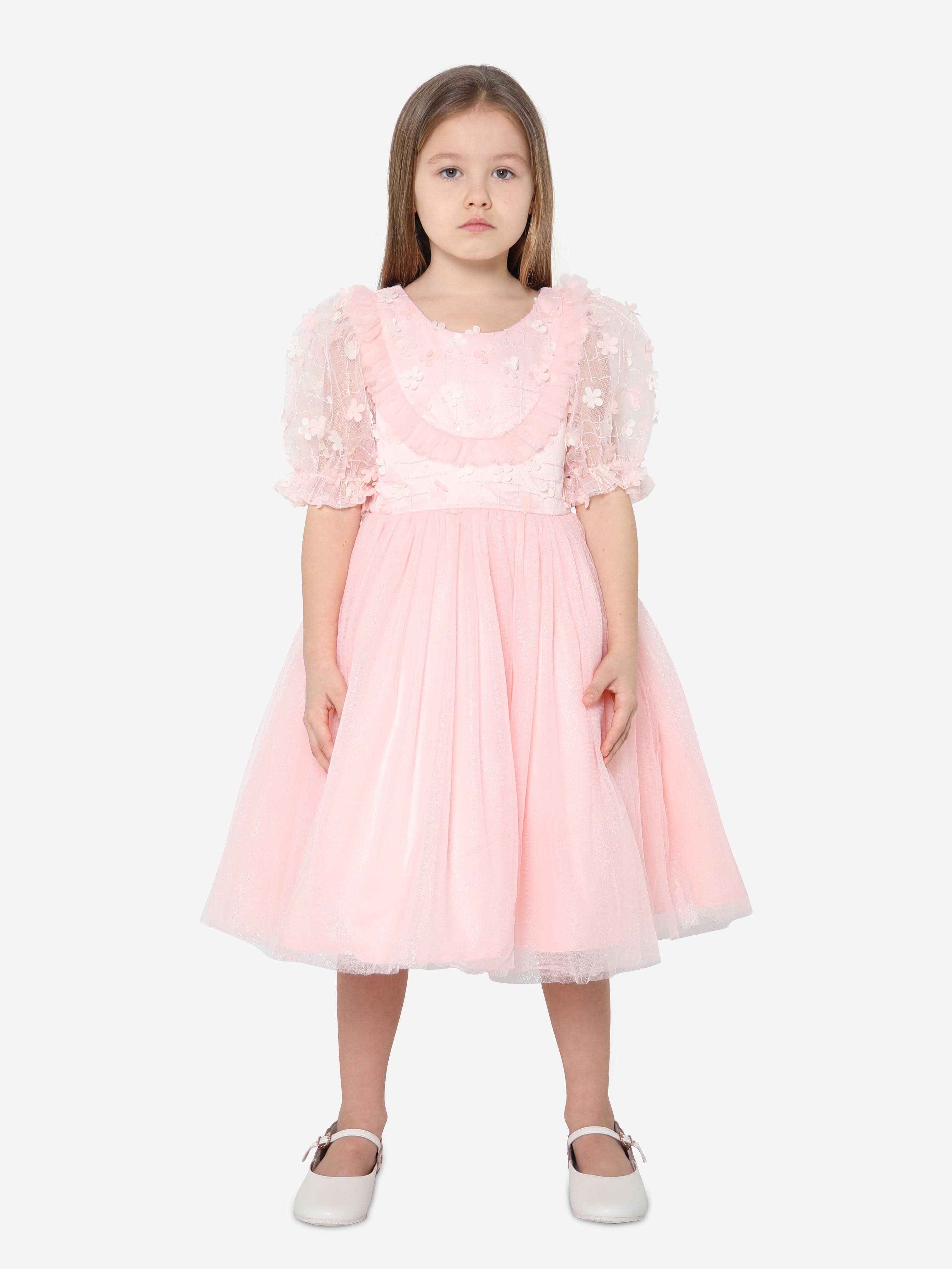 iAMe Girls Short Sleeve Embroidered Dress in Pink