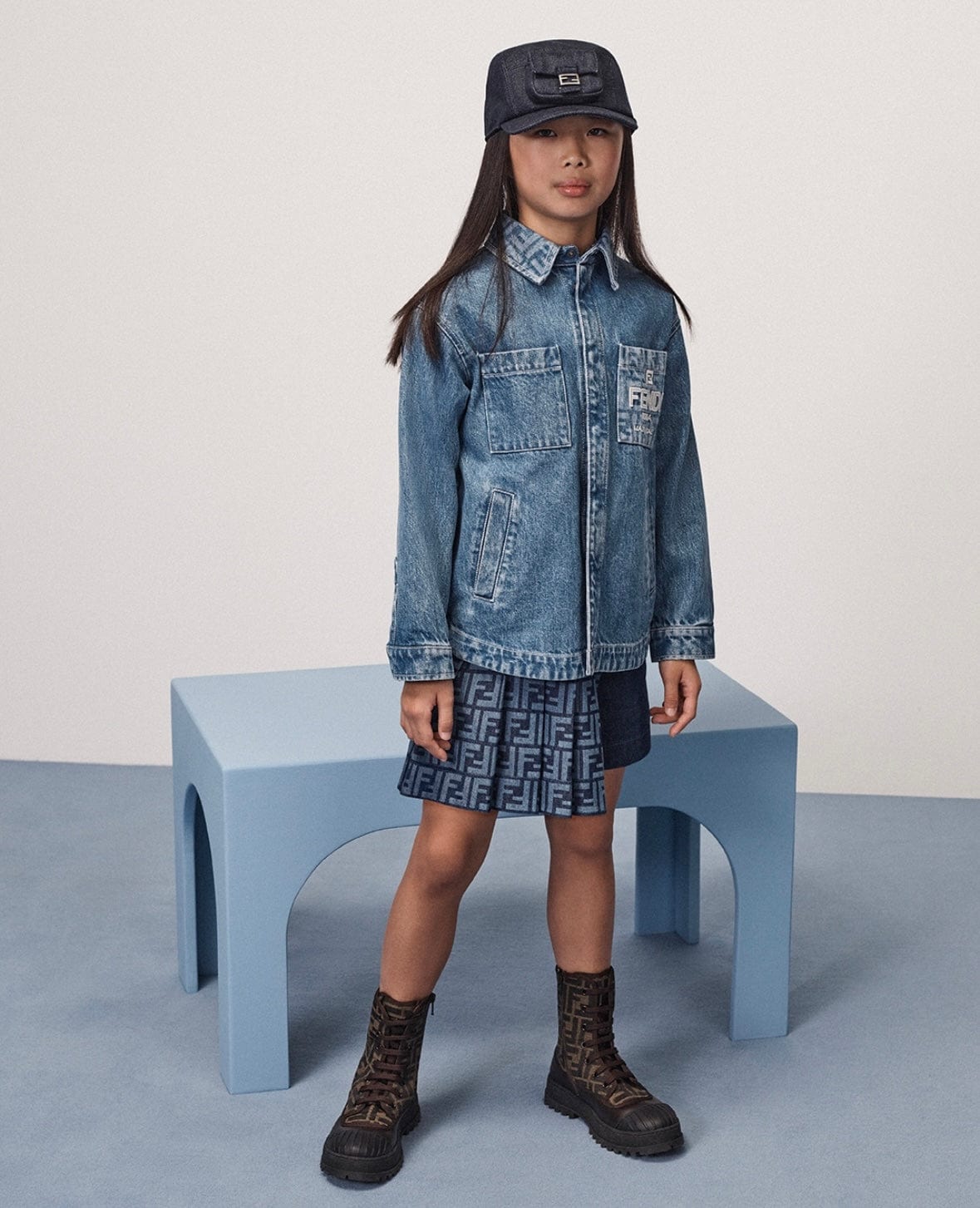 Fendi Kids Washed Denim Jacket in Blue