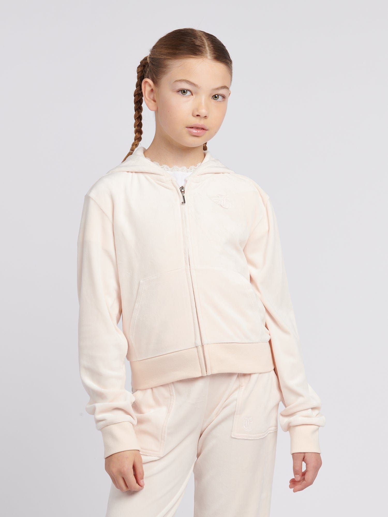 Juicy Couture Girls Tonal Velour Zip Up Top in Beige