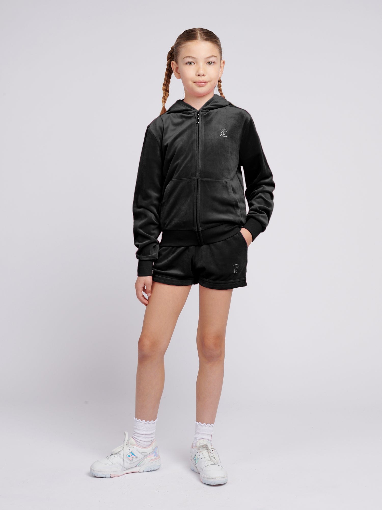 Girls Diamante Velour Fold Up Shorts in Black