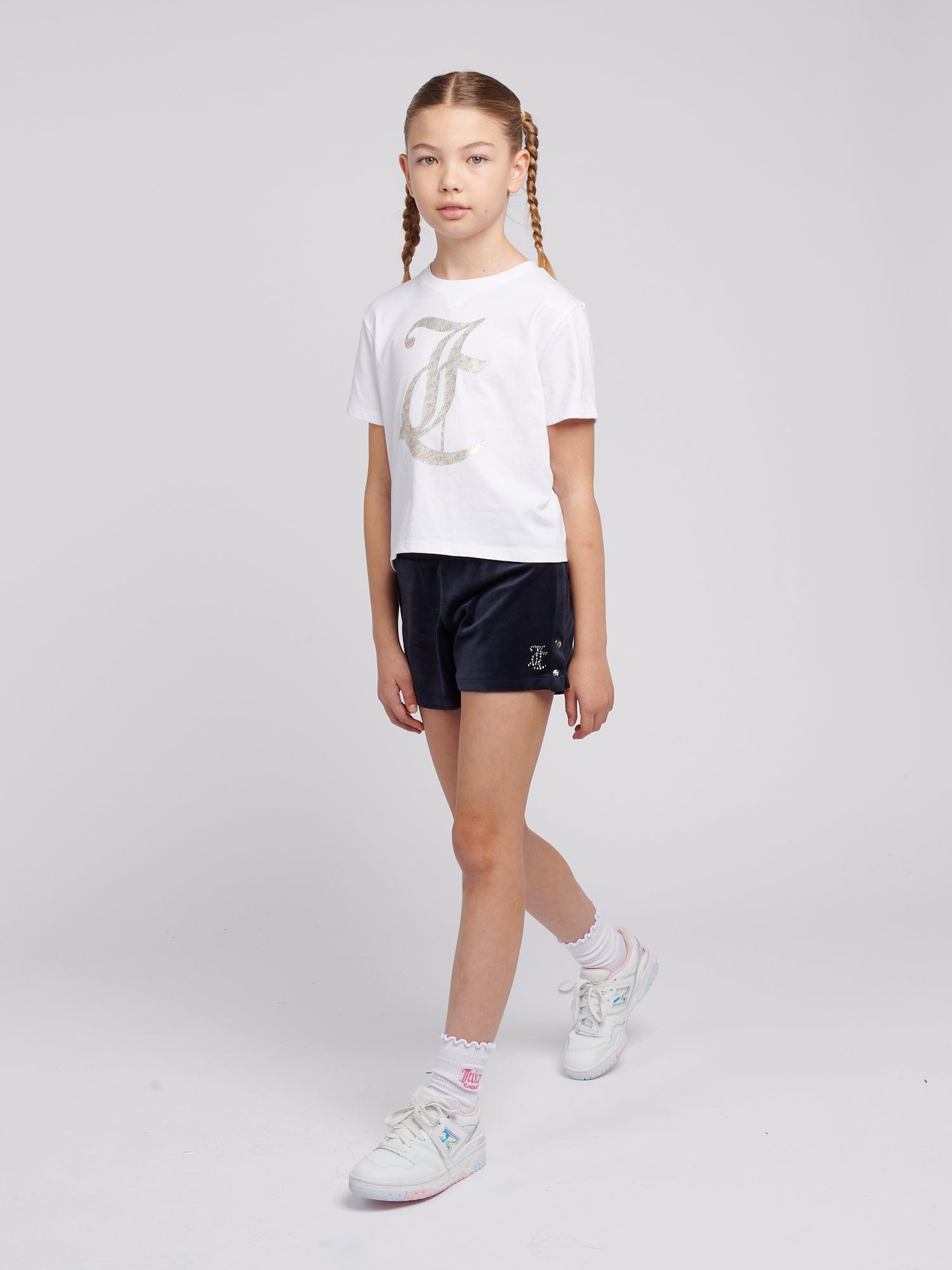 Girls Boxy T-Shirt and Velour Popper Shorts Set in Navy