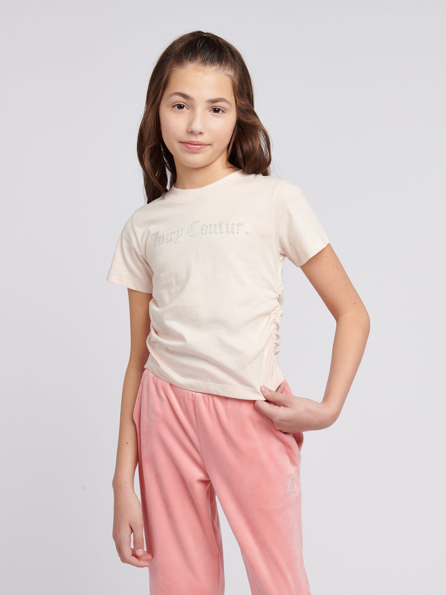 Girls Diamante Logo T-Shirt in Beige