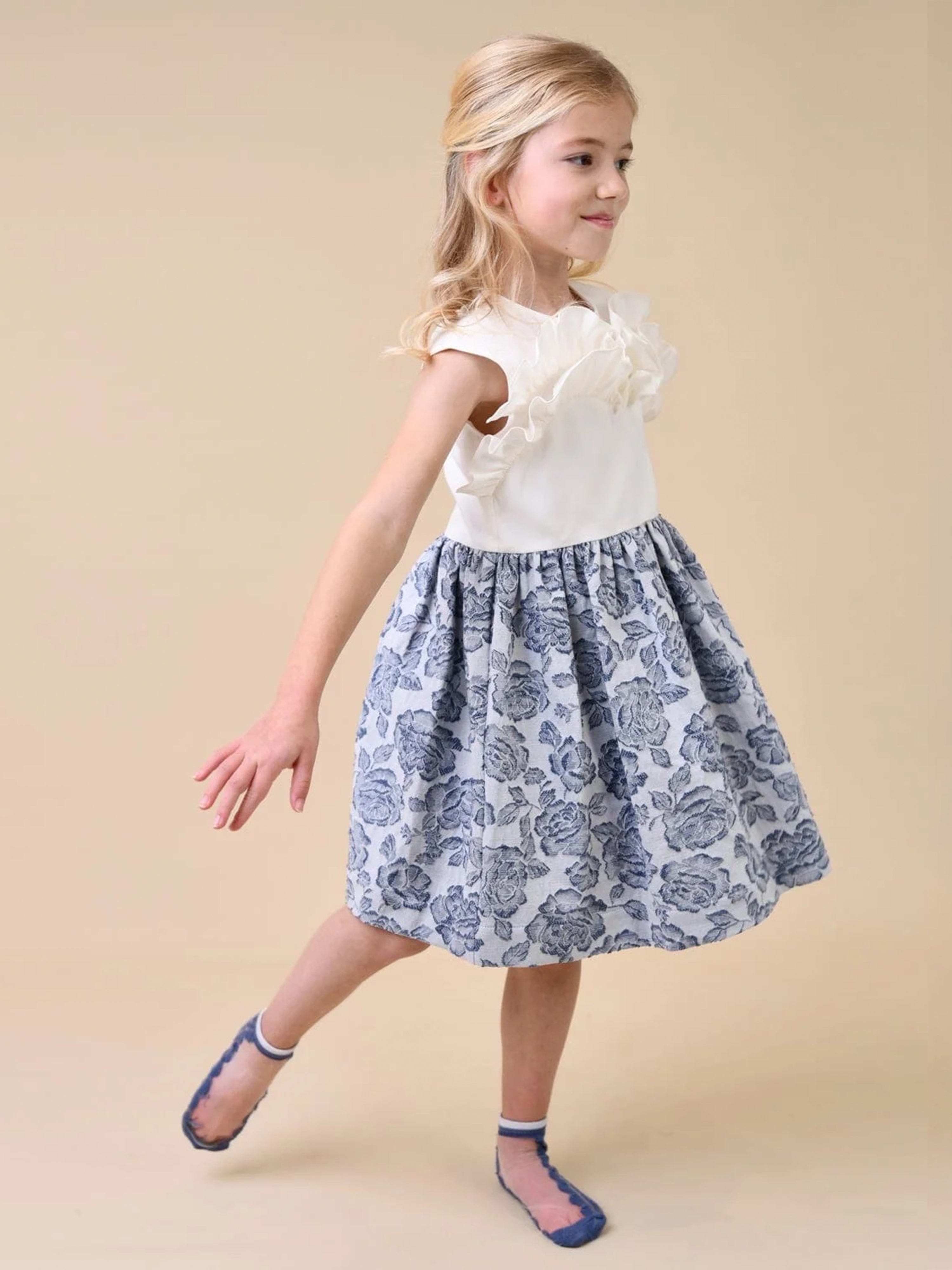 Jessie And James Girls Jacquard Rose Dress in Blue