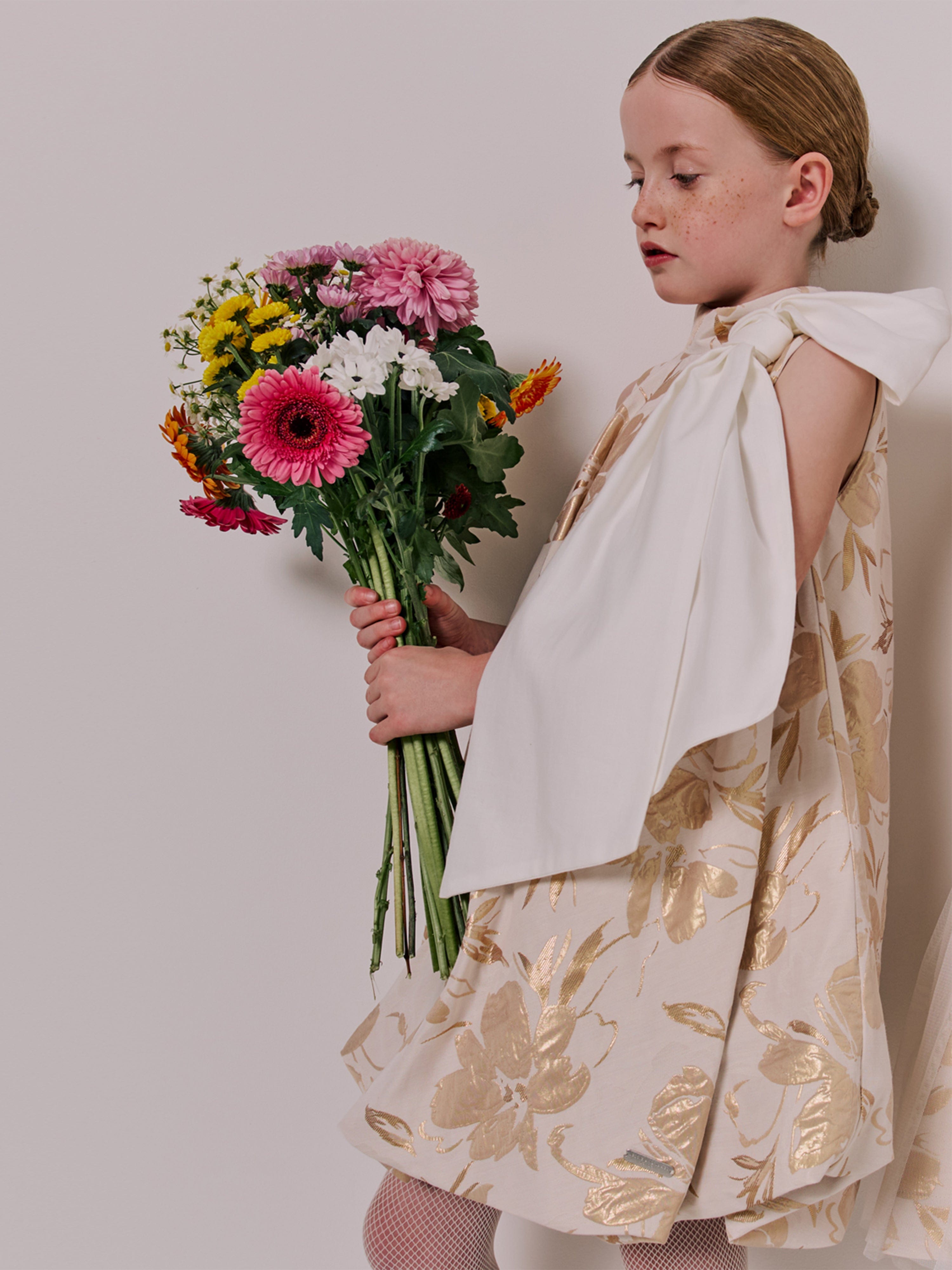 Jessie And James Girls Abstract Floral Jacquard Dress in Gold