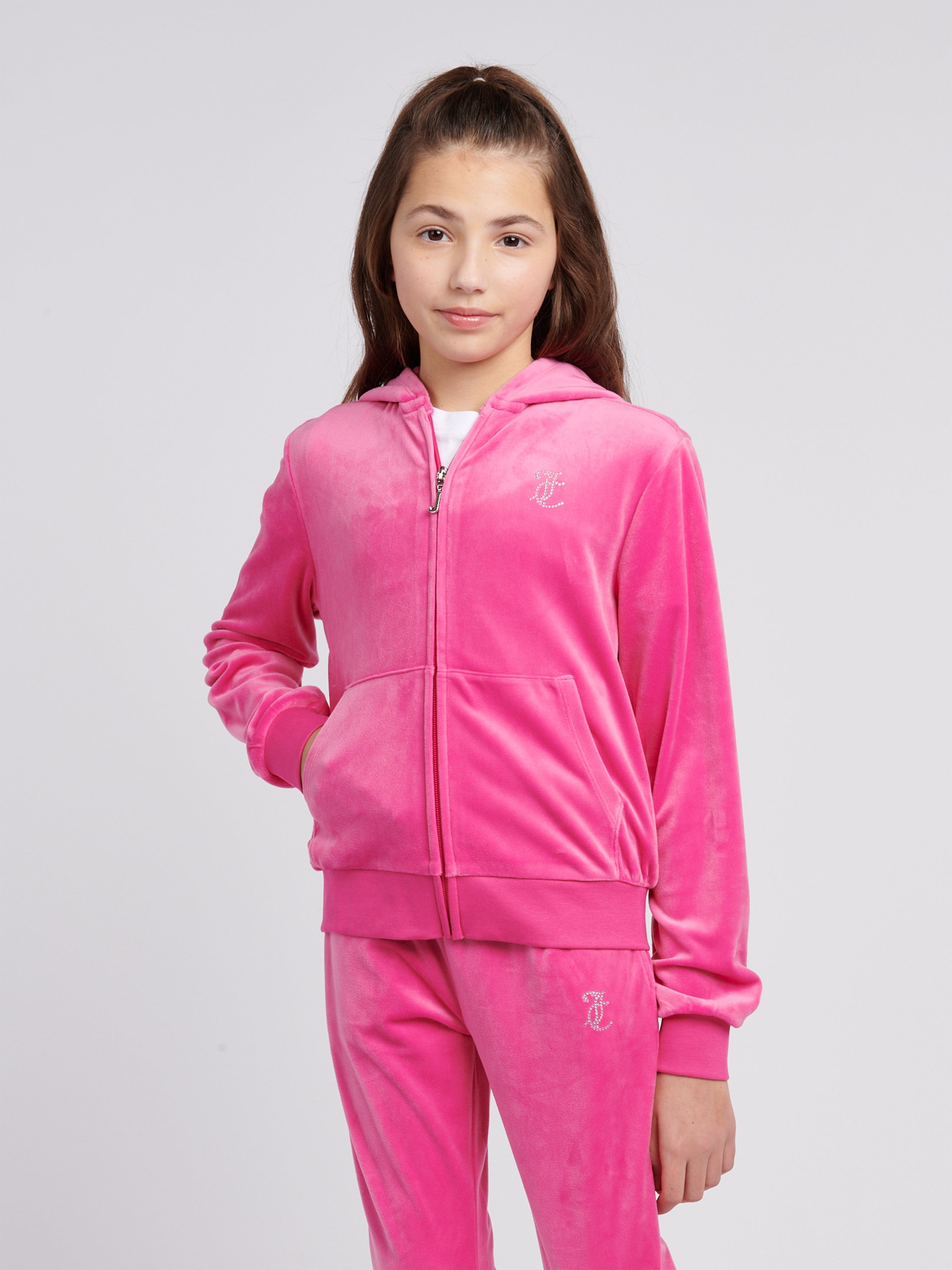 Girls Diamante Logo Zip Up Top in Pink