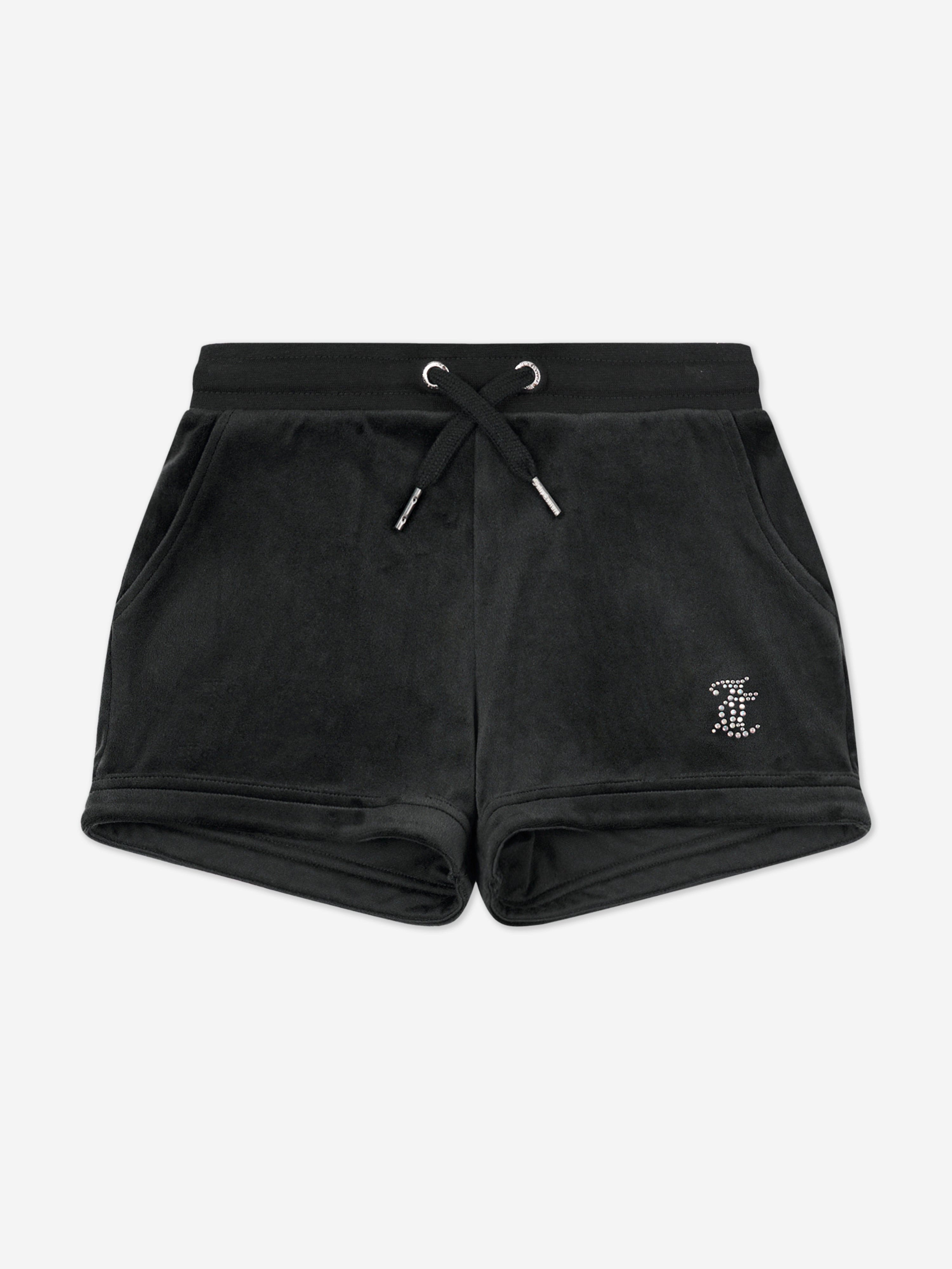 Girls Diamante Velour Fold Up Shorts in Black