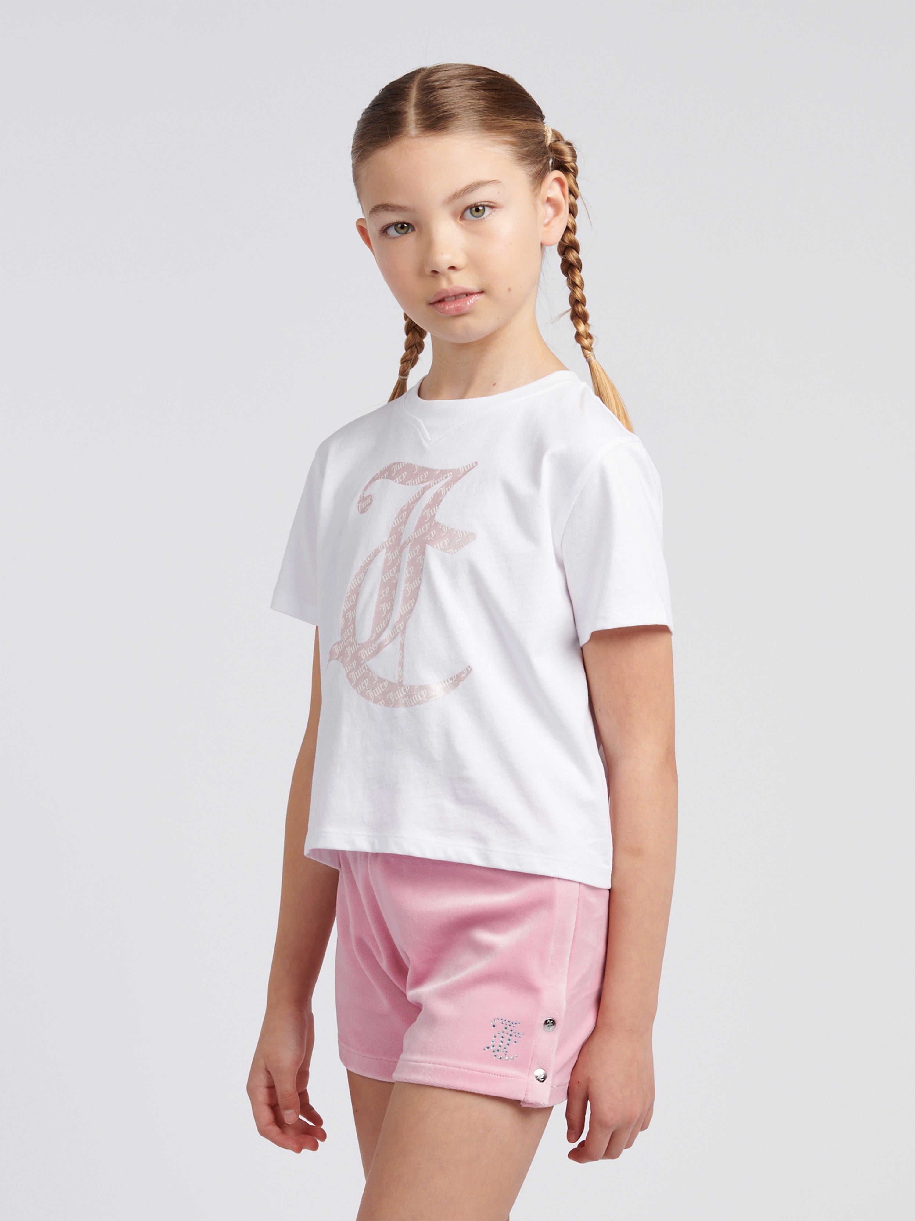 Girls Boxy T-Shirt and Velour Popper Shorts Set in Pink