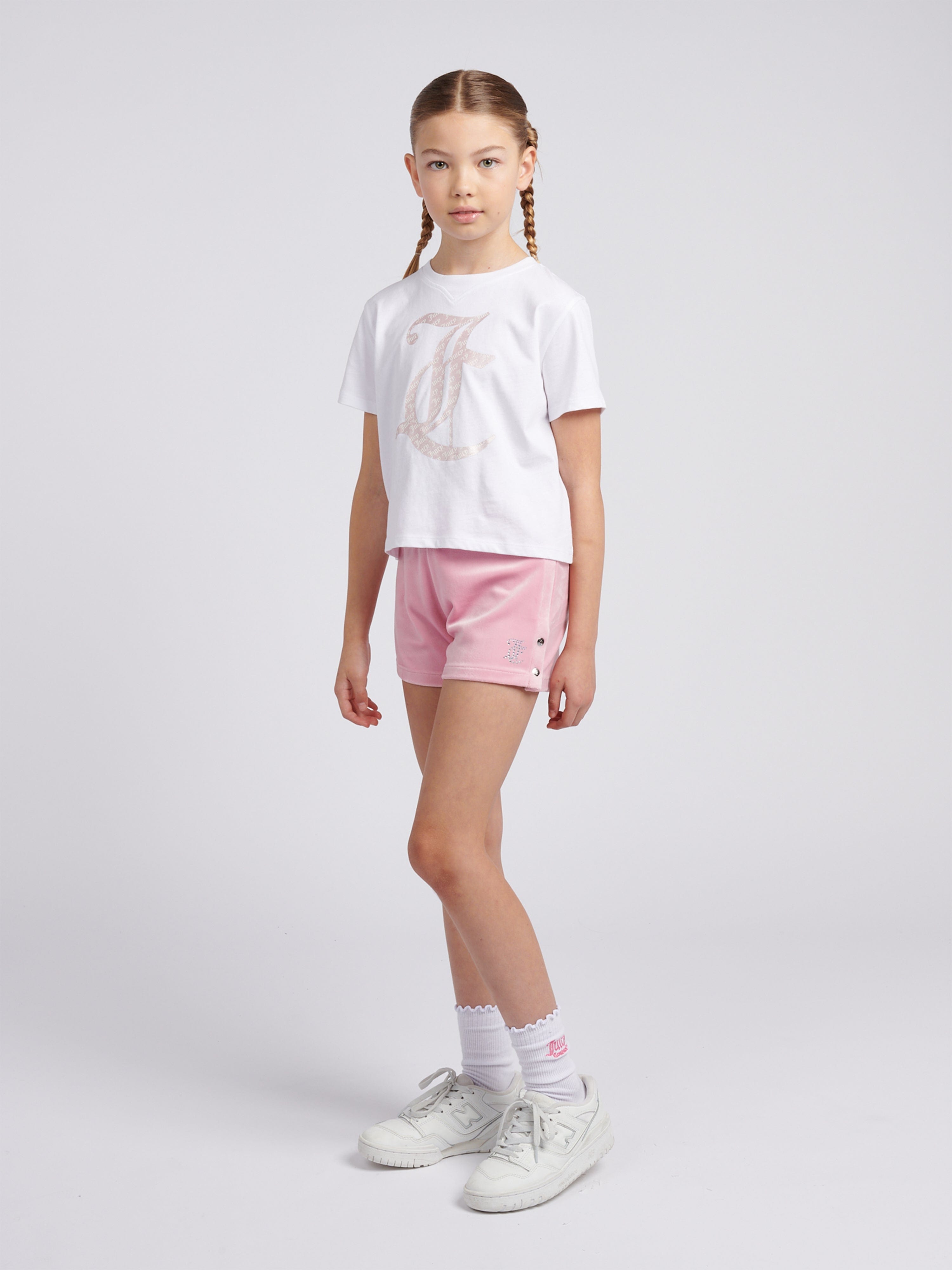 Girls Boxy T-Shirt and Velour Popper Shorts Set in Pink