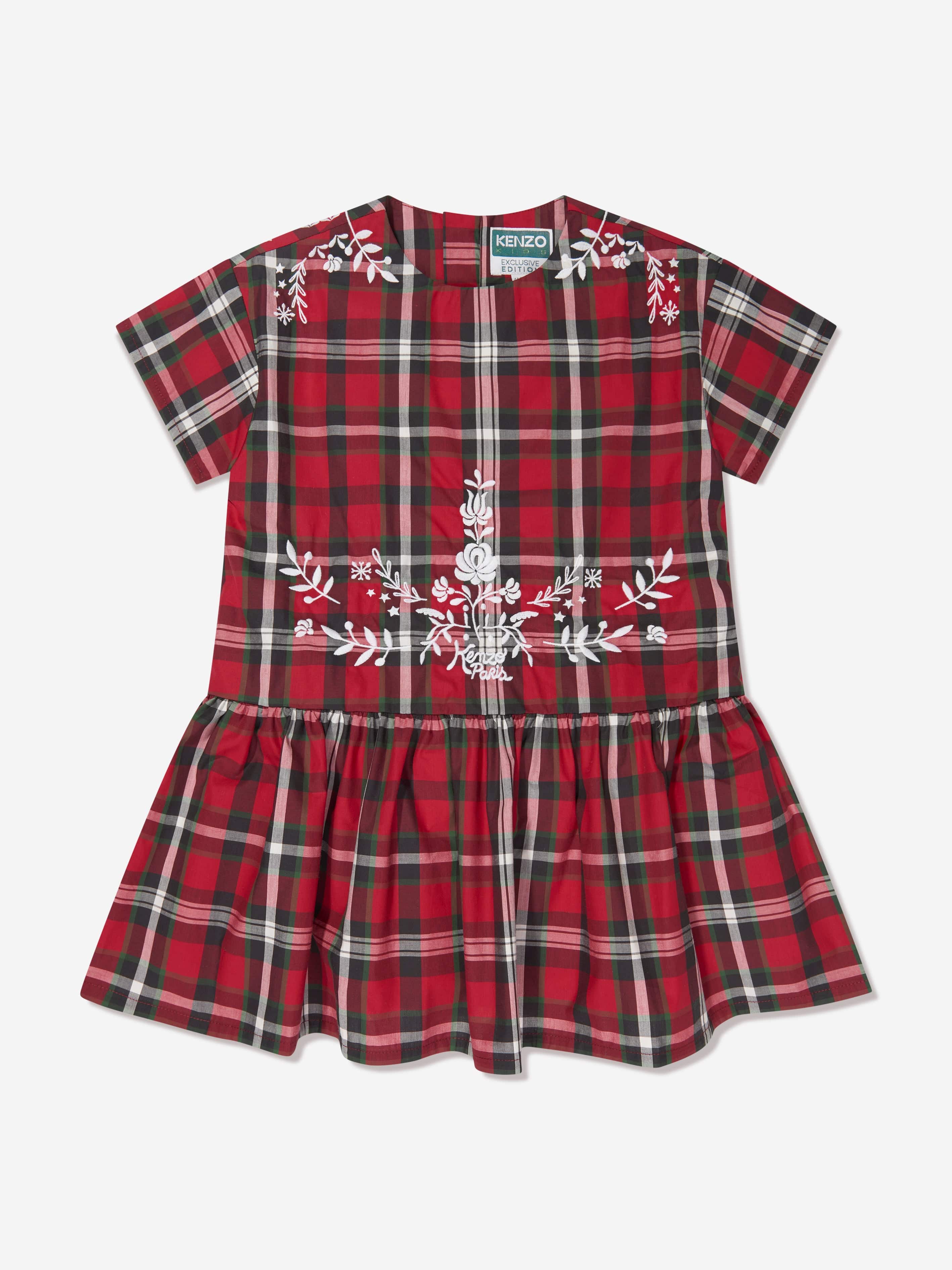 KENZO Girls Checked Embroidered Dress in Red