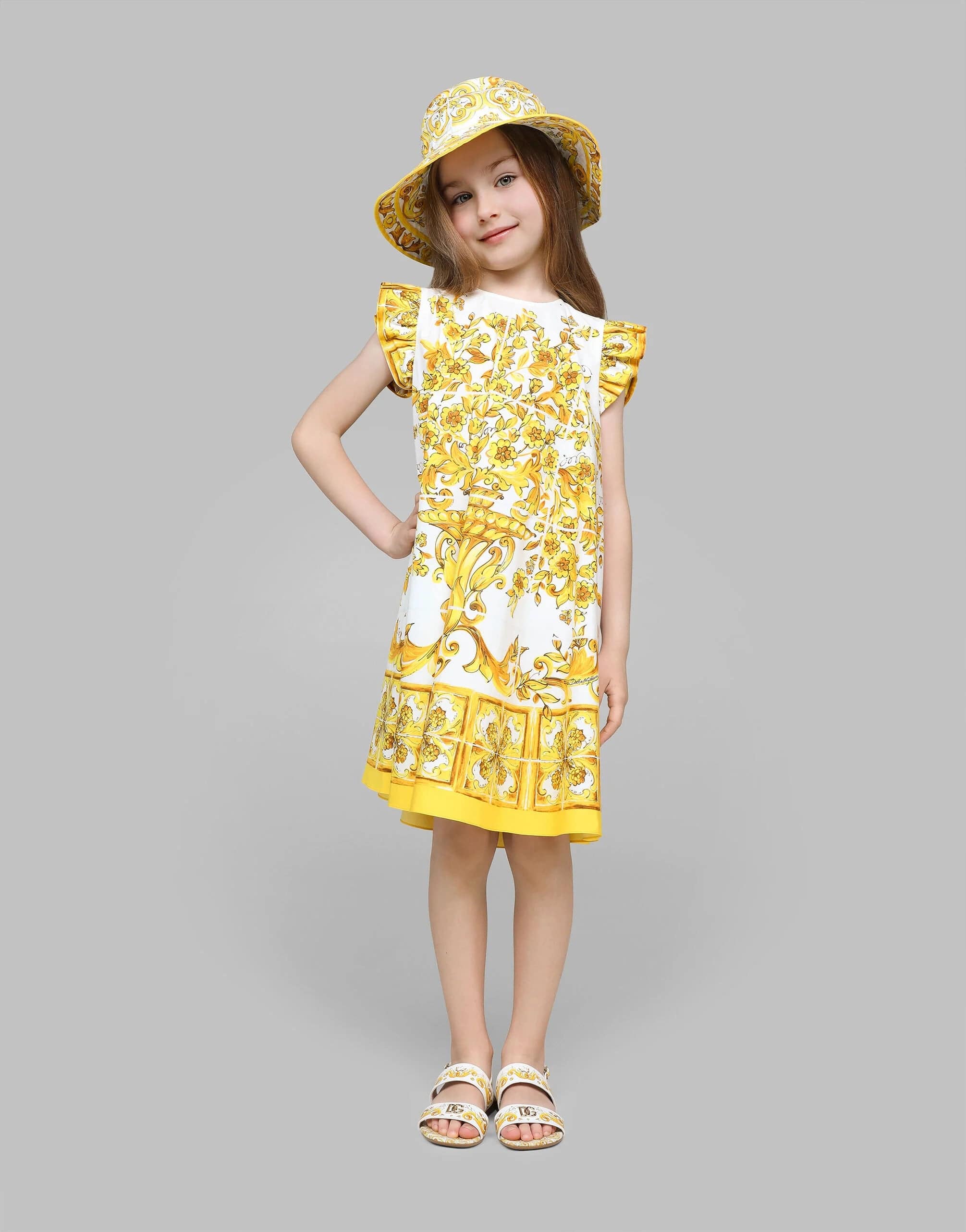 Dolce & Gabbana Girls Maiolica Print Dress in Yellow