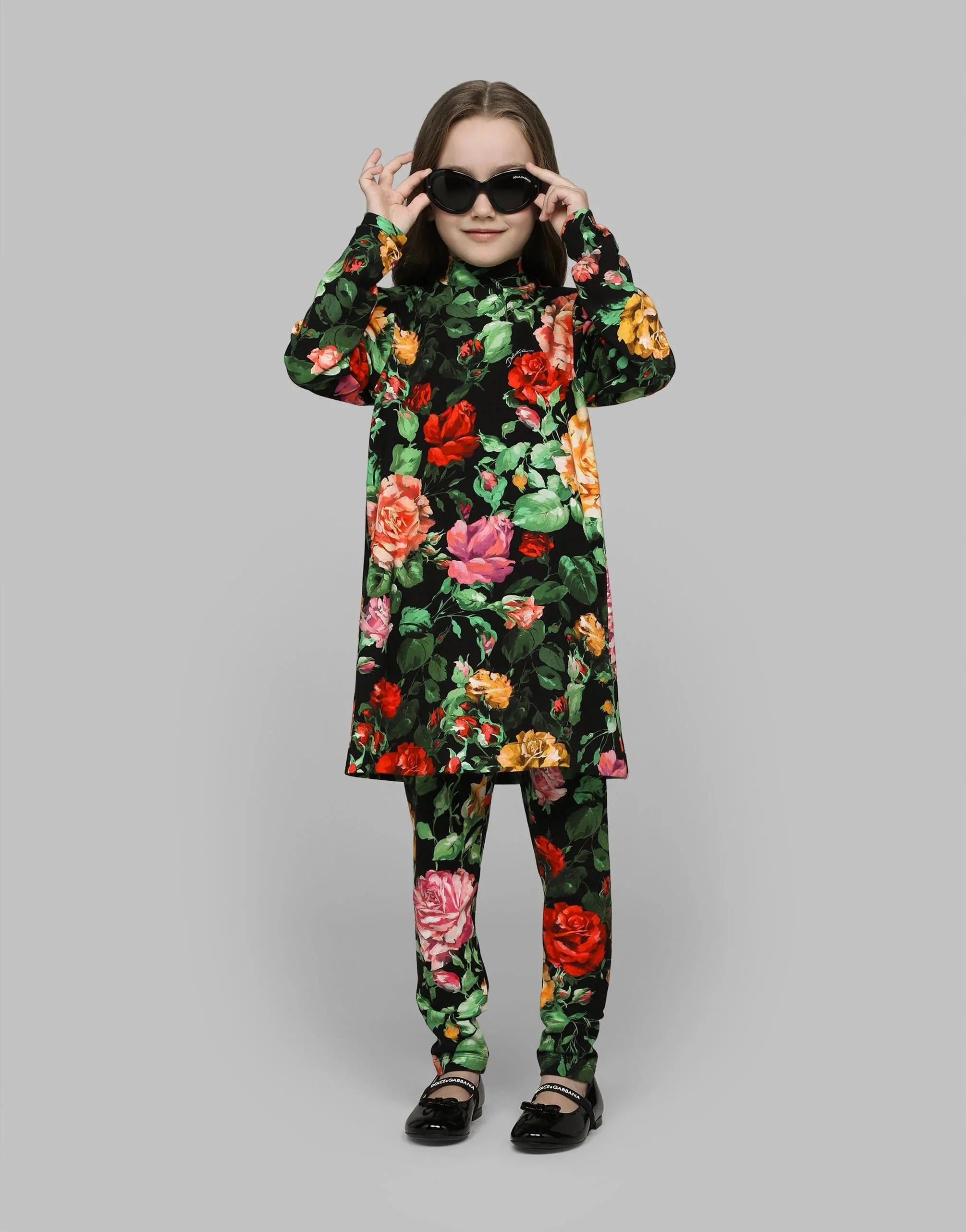 Dolce & Gabbana Girls Long Sleeve Rose Dress in Multicolour