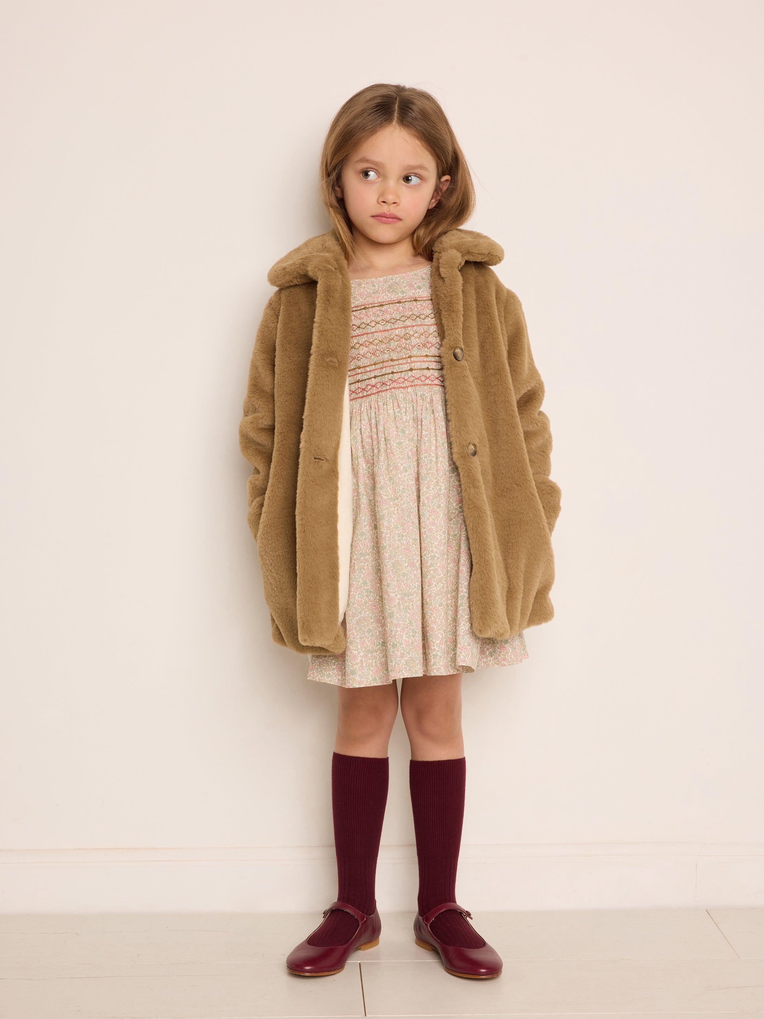 Bonpoint Girls Doogie Faux Fur Jacket in Brown