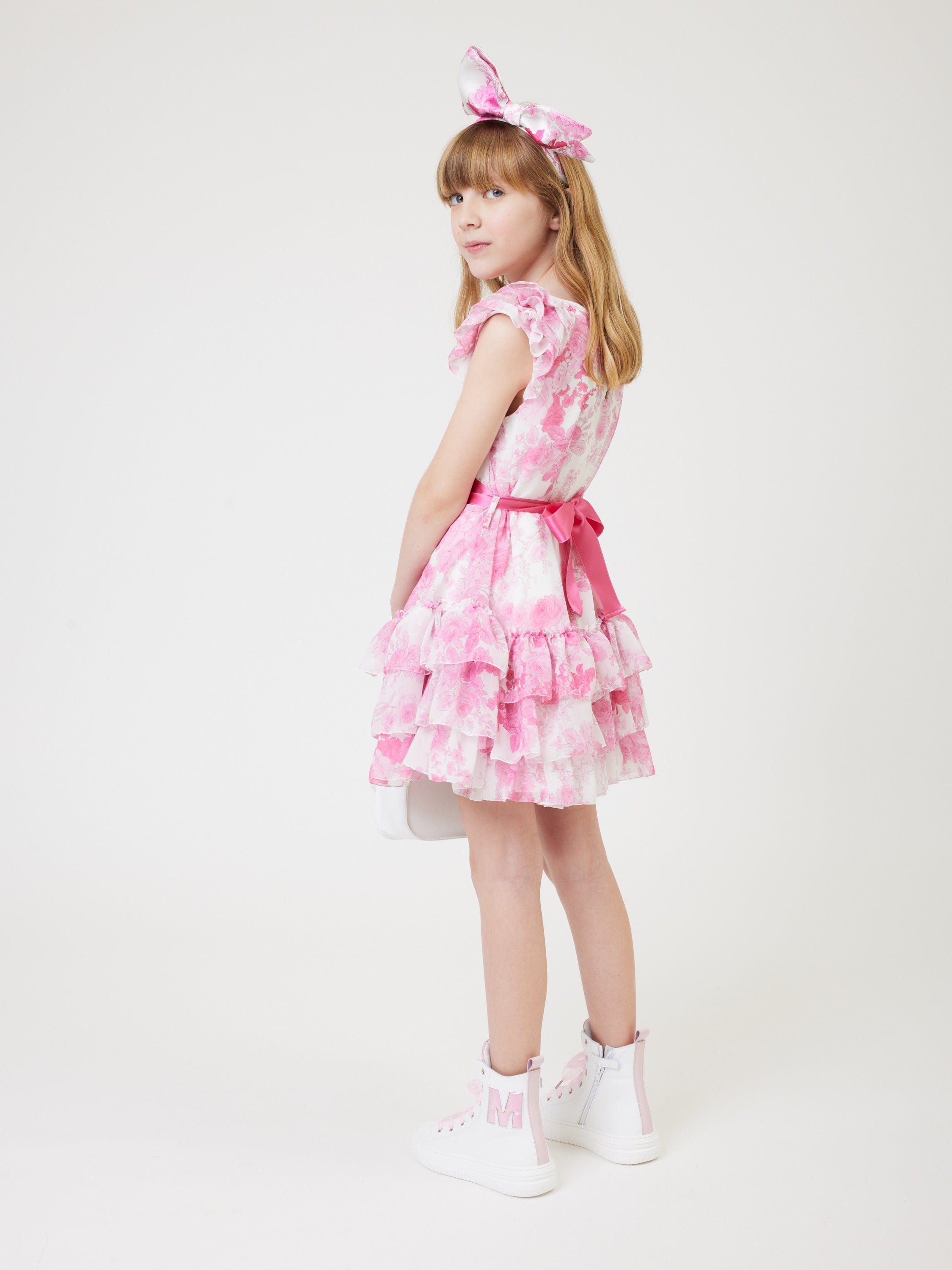 Monnalisa Girls Georgette Flower Dress in Pink