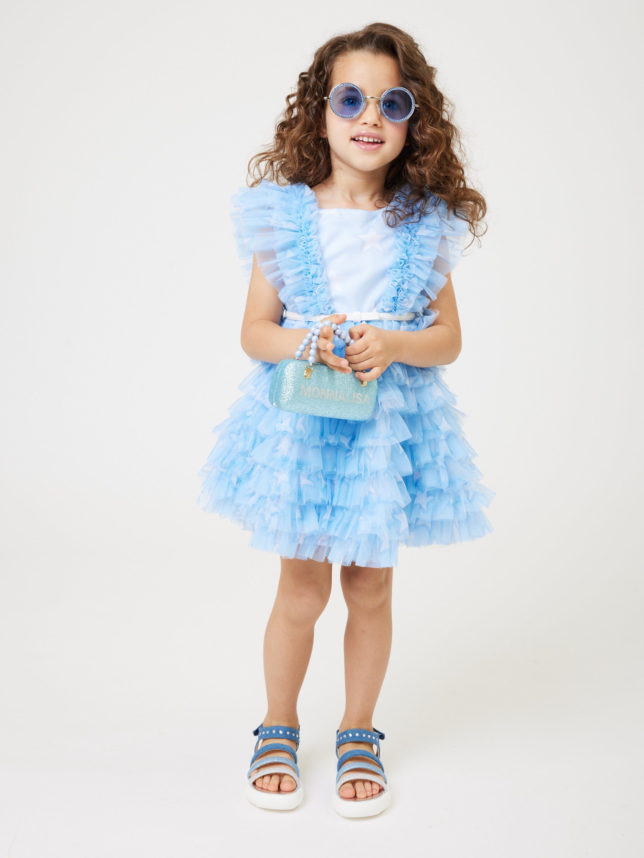 Monnalisa Girls Tulle Star Dress in Blue