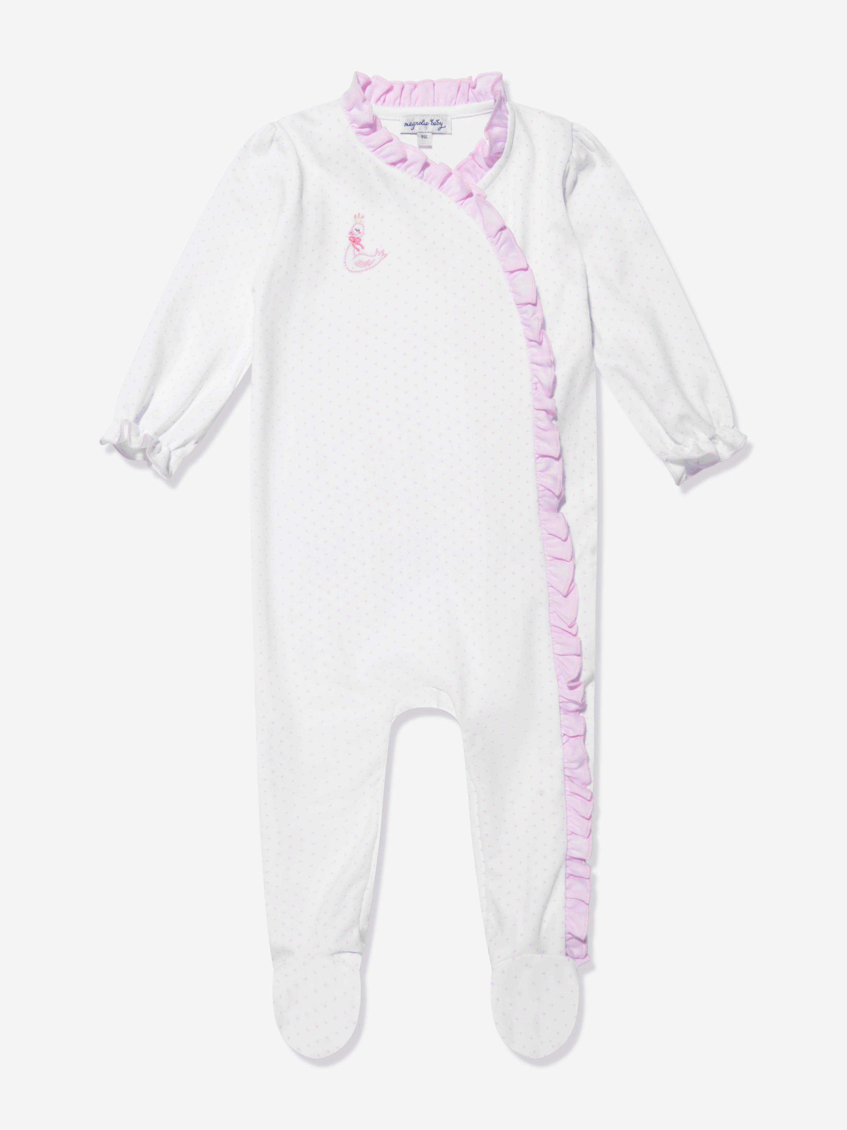 Magnolia Baby Baby Girls Swan Embroidered Cross Ruffle Babygrow in White