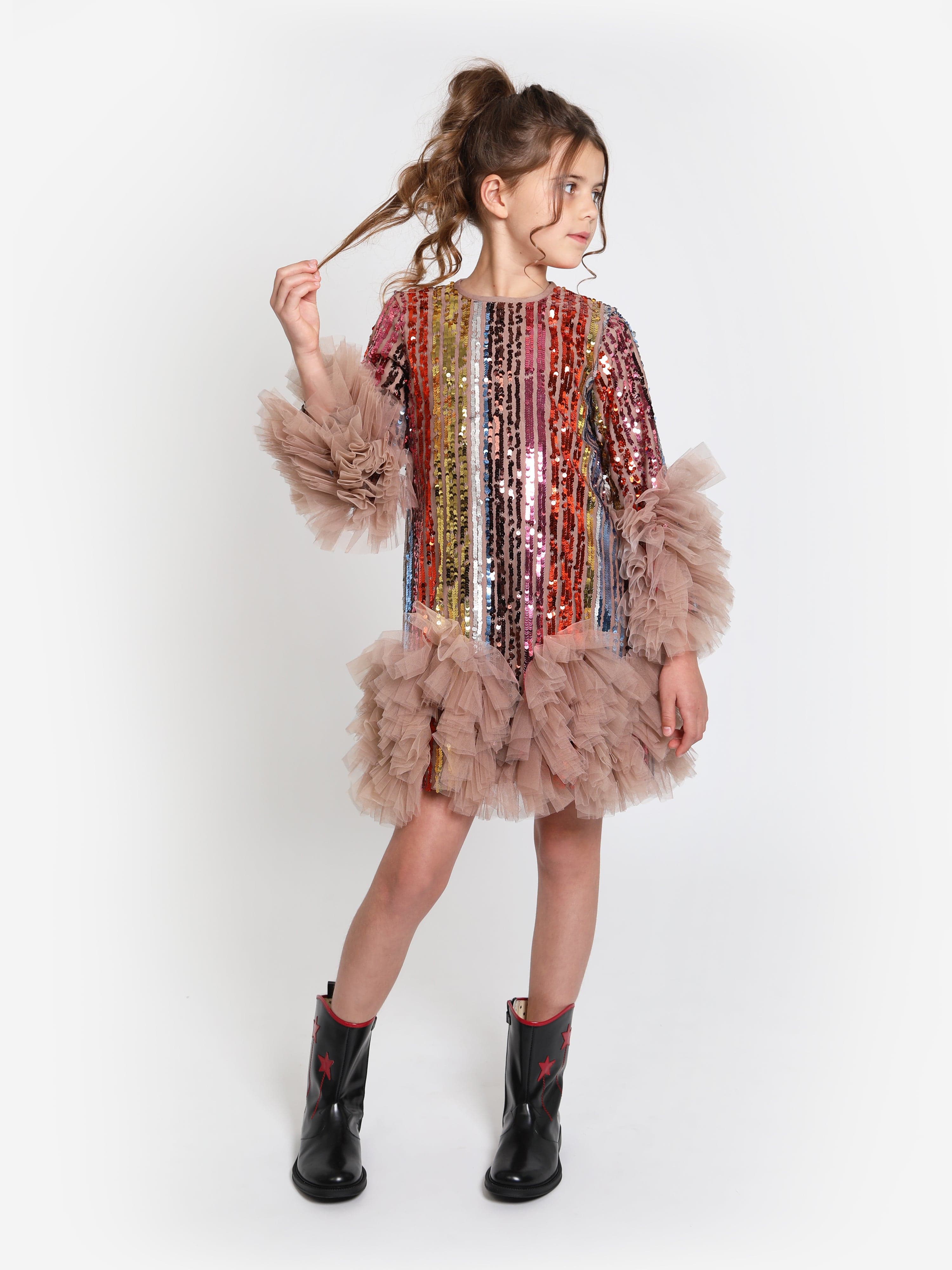 Maison Ava Girls Rainbow Glitter Ruffle Dress in Multicolour