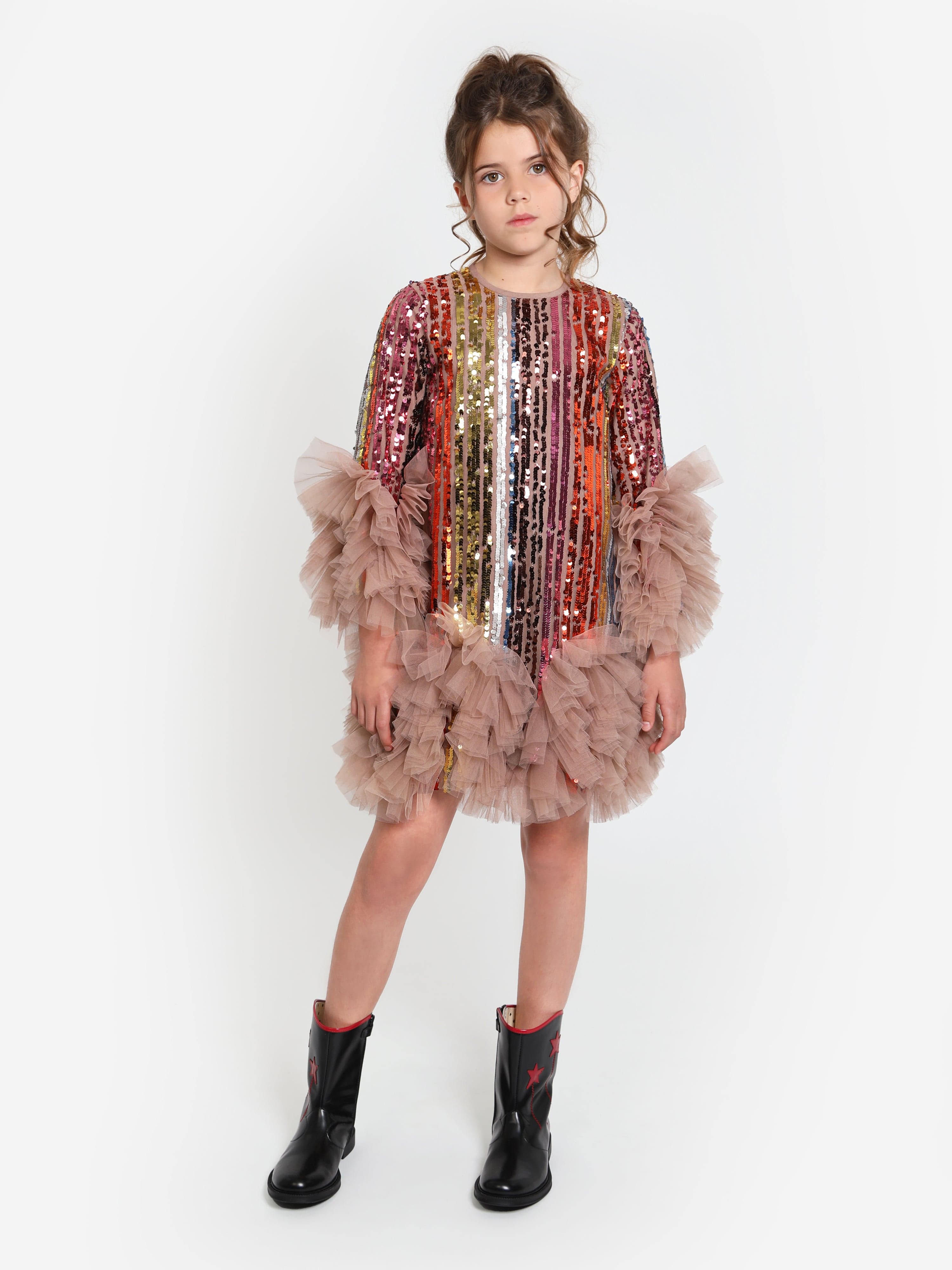 Maison Ava Girls Rainbow Glitter Ruffle Dress in Multicolour