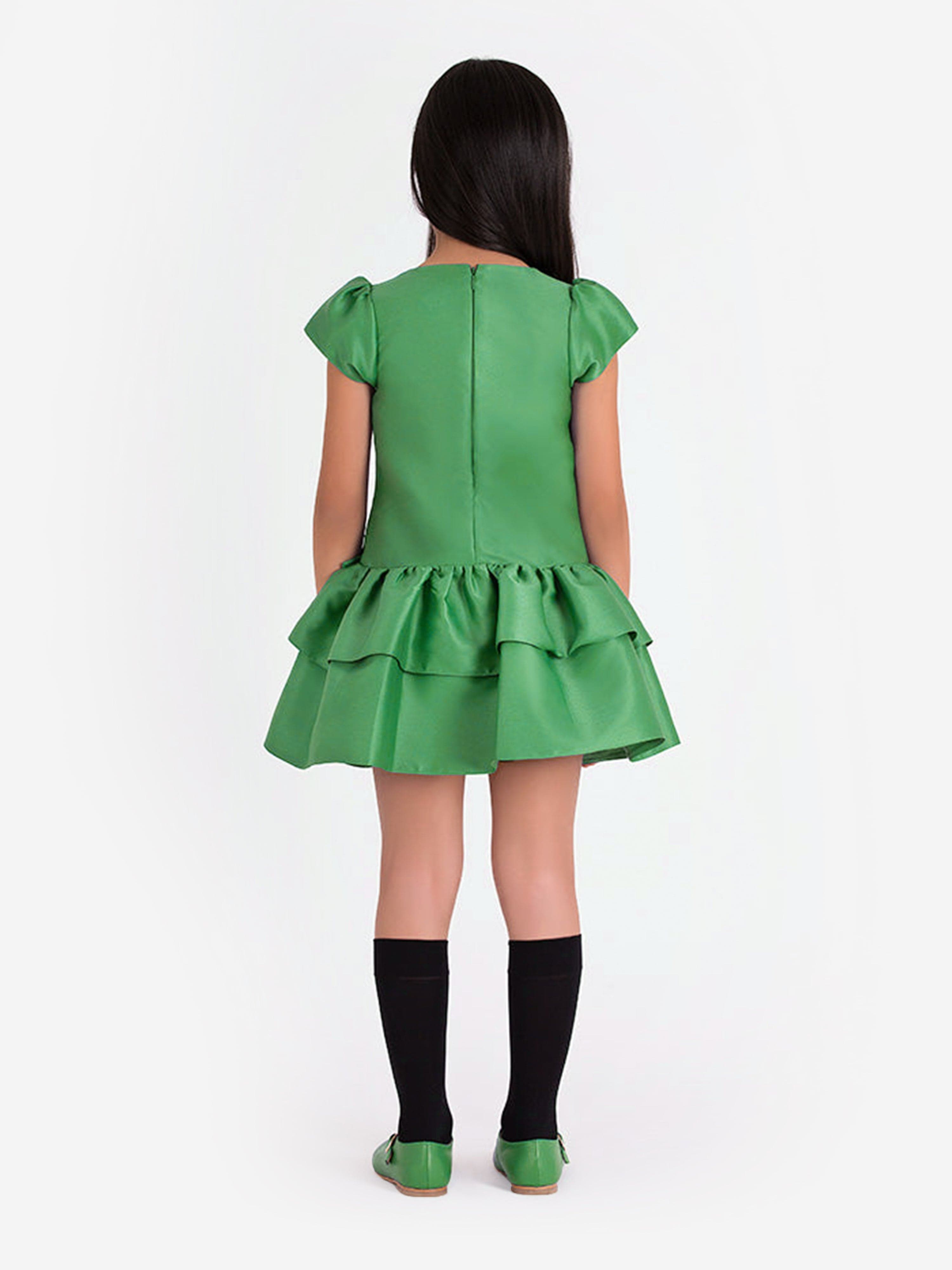 Mama Luma Girls Layered Bow Dress in Green