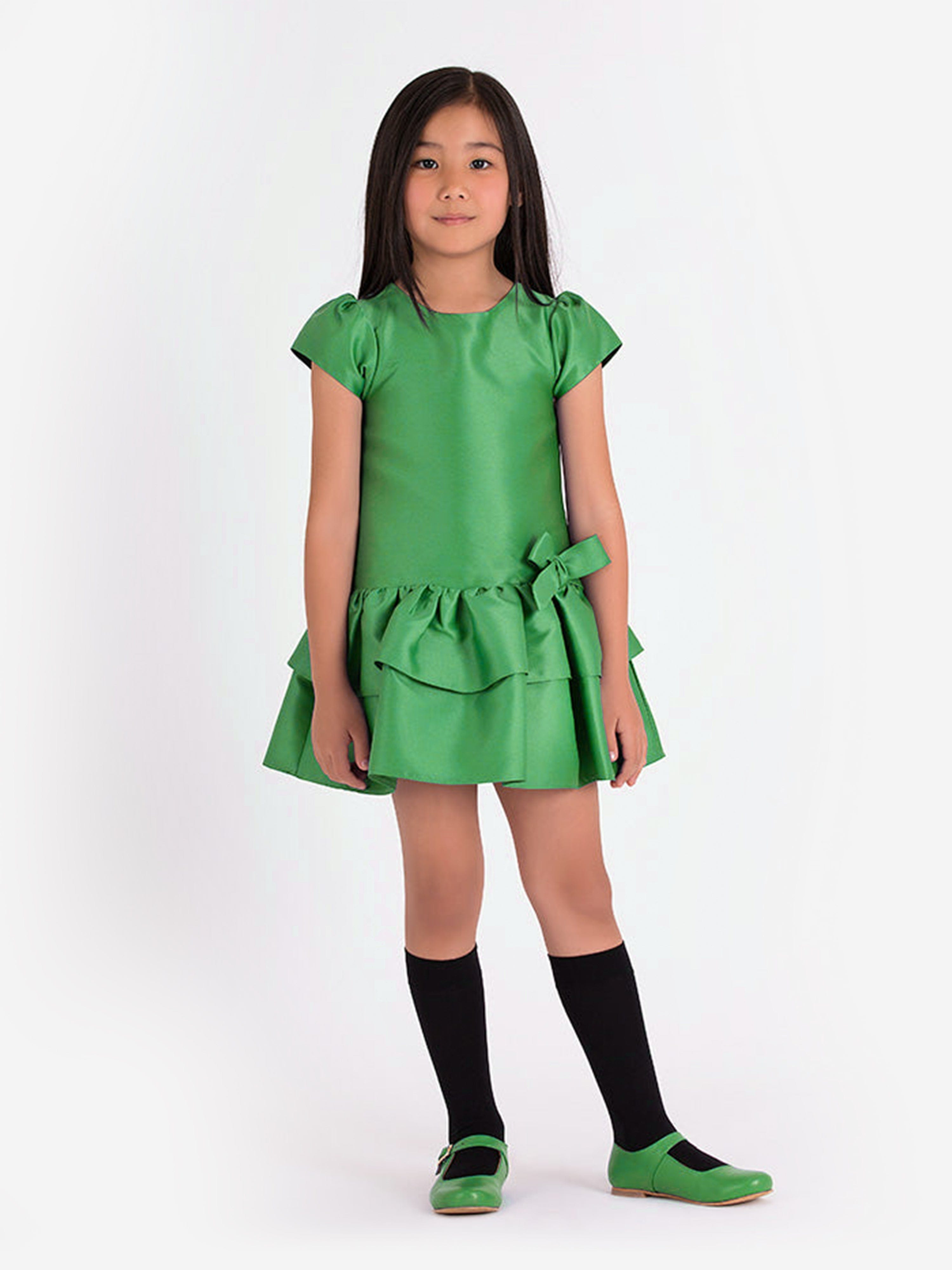 Mama Luma Girls Layered Bow Dress in Green