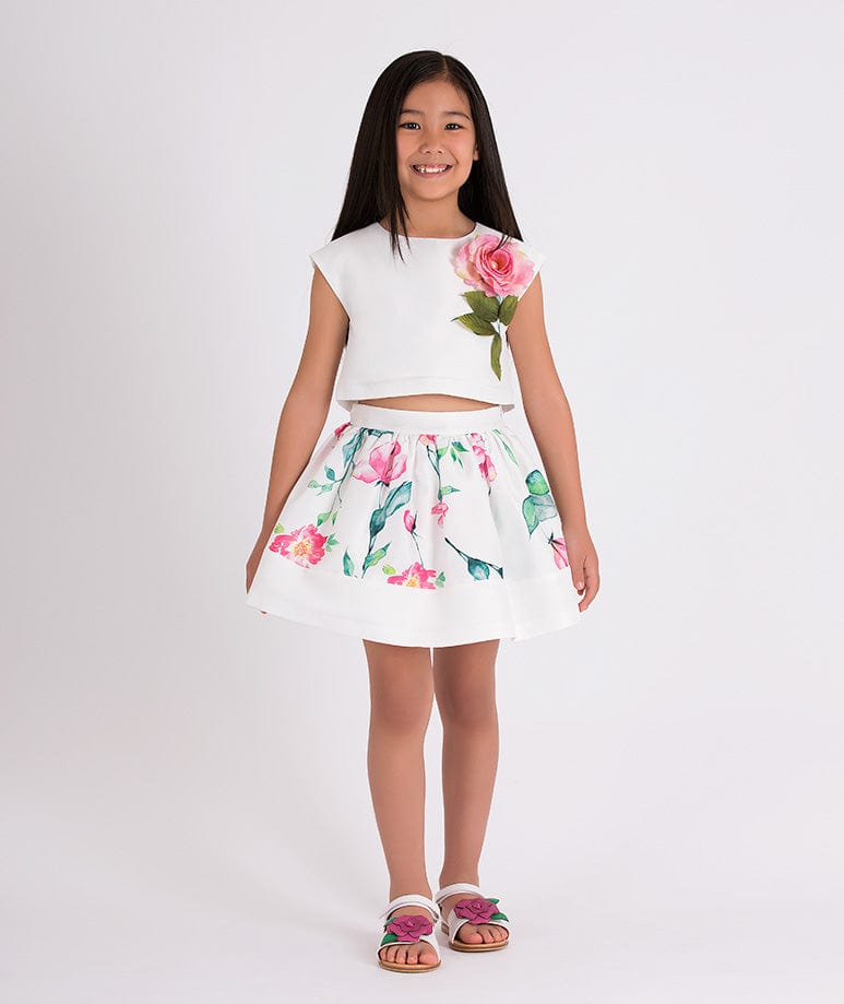 Mama Luma Girls Flower Print Skirt in Ivory