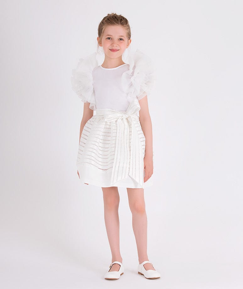 Mama Luma Girls Organza Striped Bow Skirt in White