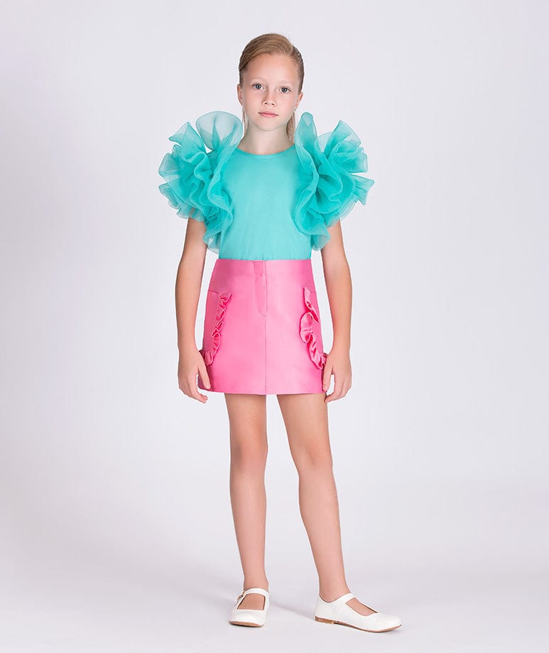 Mama Luma Girls Organza Flared Shoulder Blouse in Green