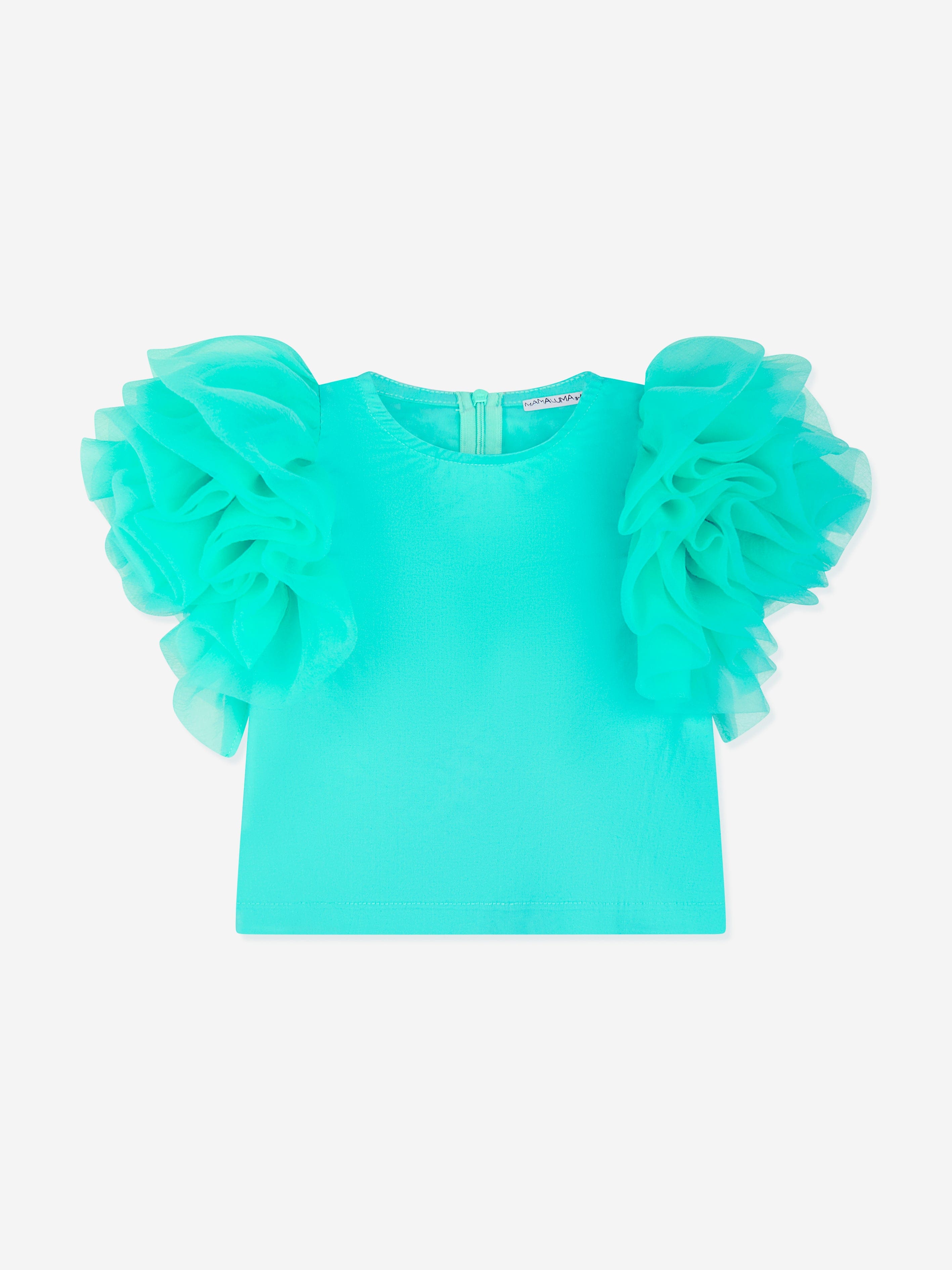 Mama Luma Girls Organza Flared Shoulder Blouse in Green