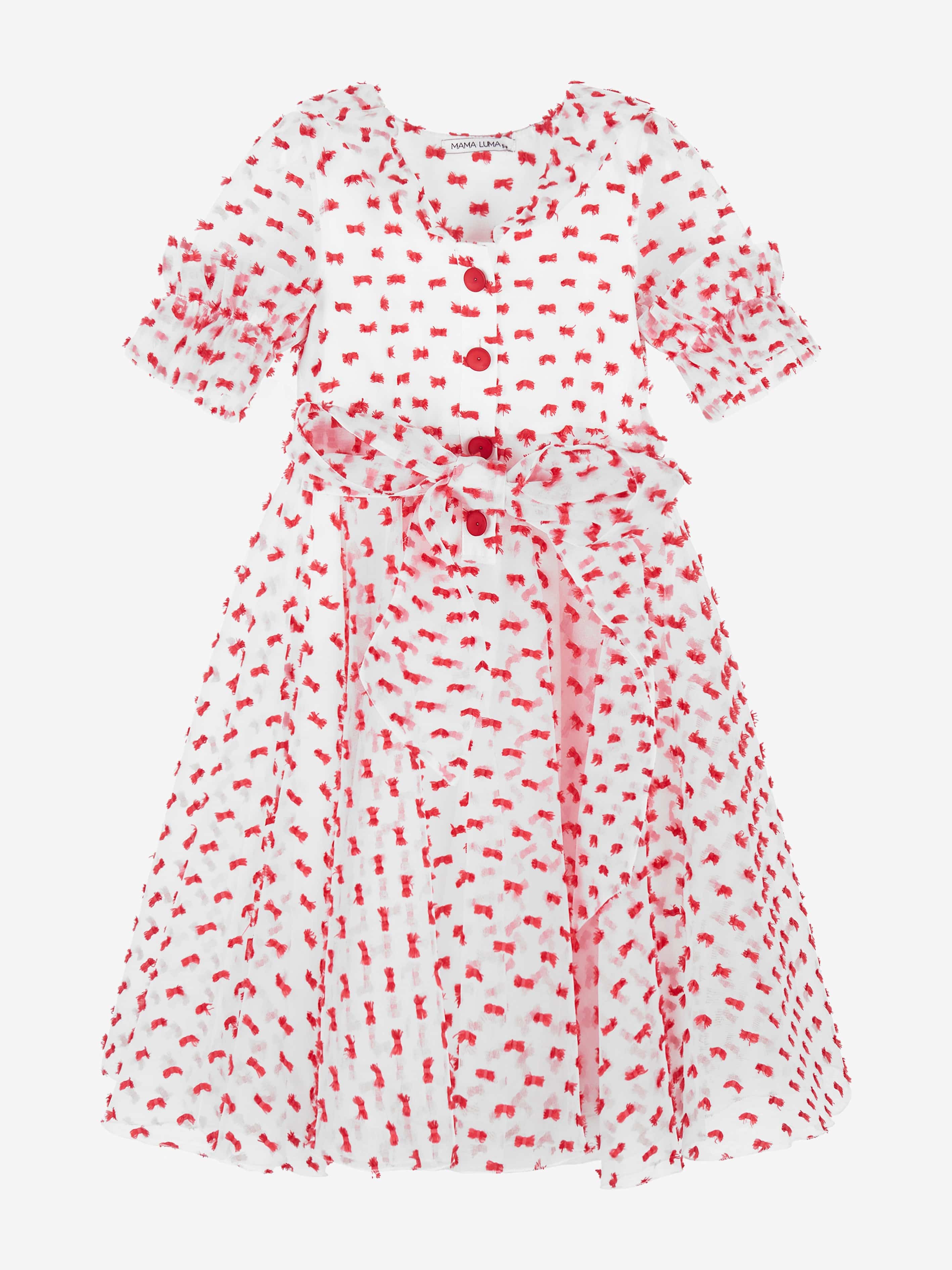 Mama Luma Girls Flared Dot Dress in Red