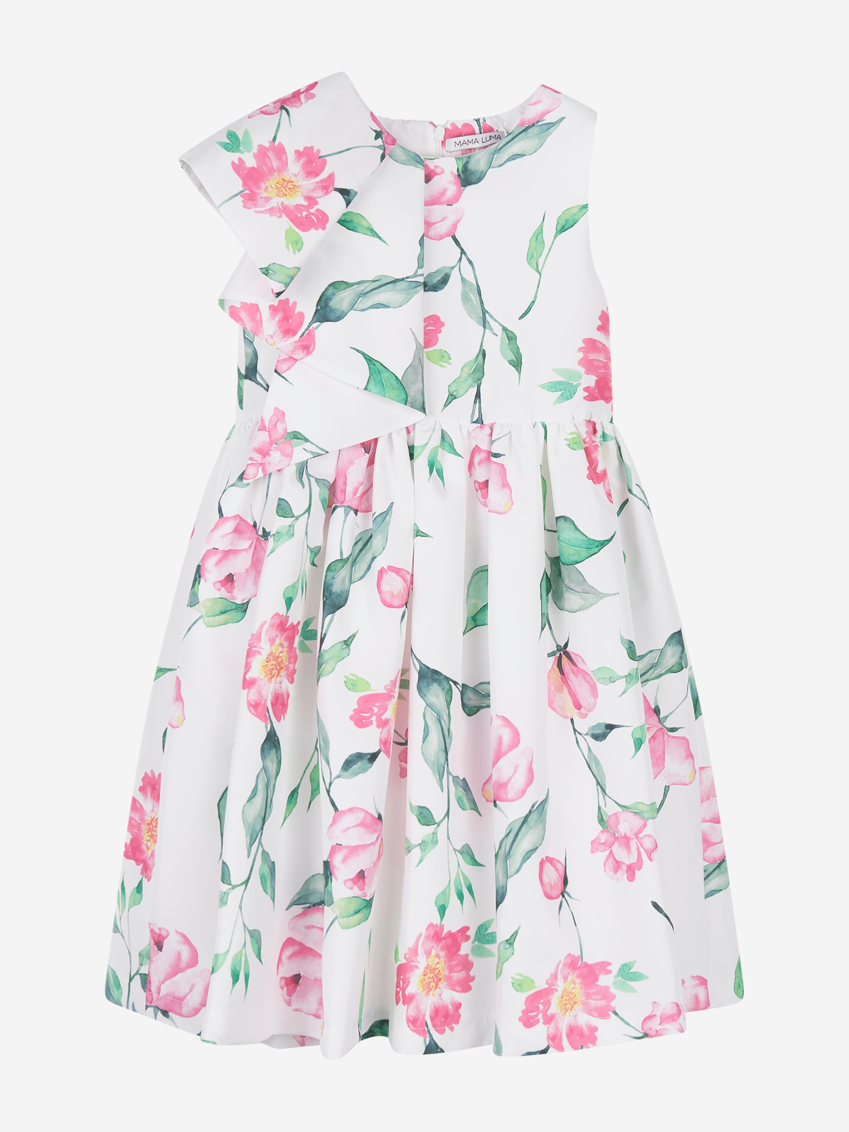 Mama Luma Girls Ruffle Floral Print Dress in White