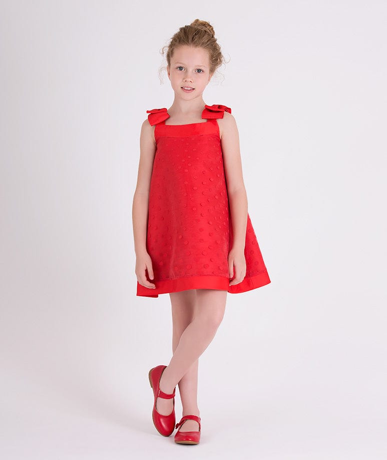 Mama Luma Girls Bow Detailed Organza Polka Dot Dress in Red