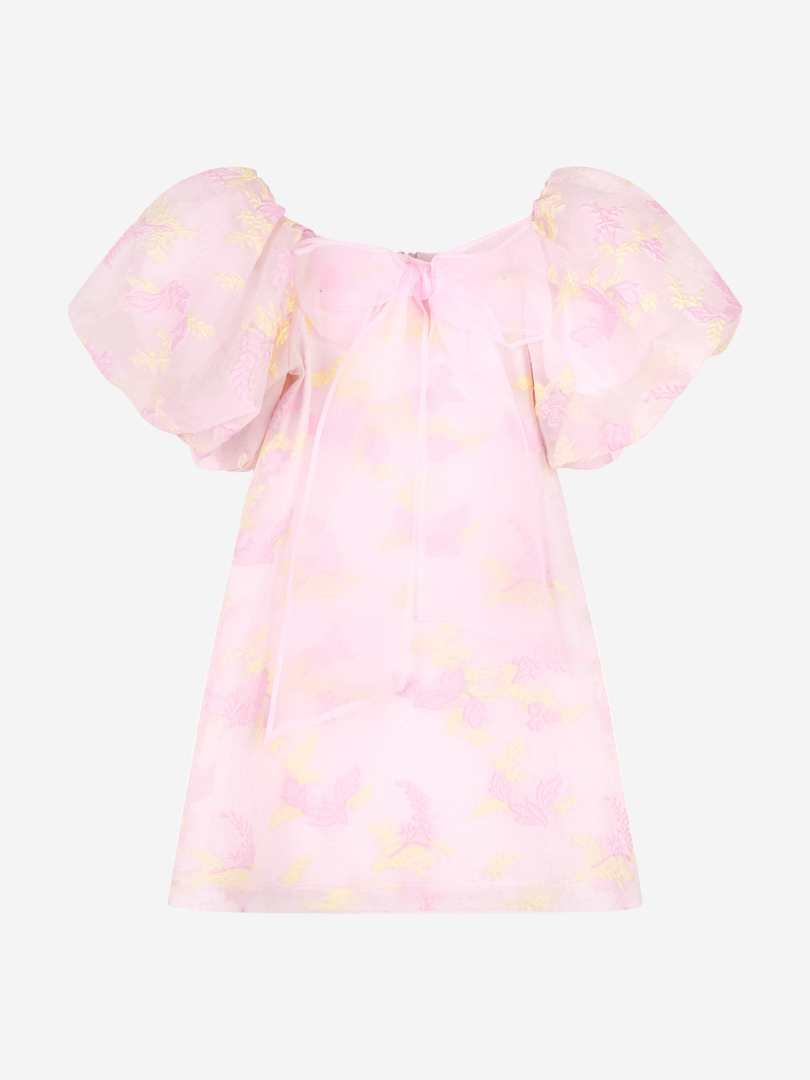 Mama Luma Girls Balloon Sleeve Jacquard Organza Dress in Pink